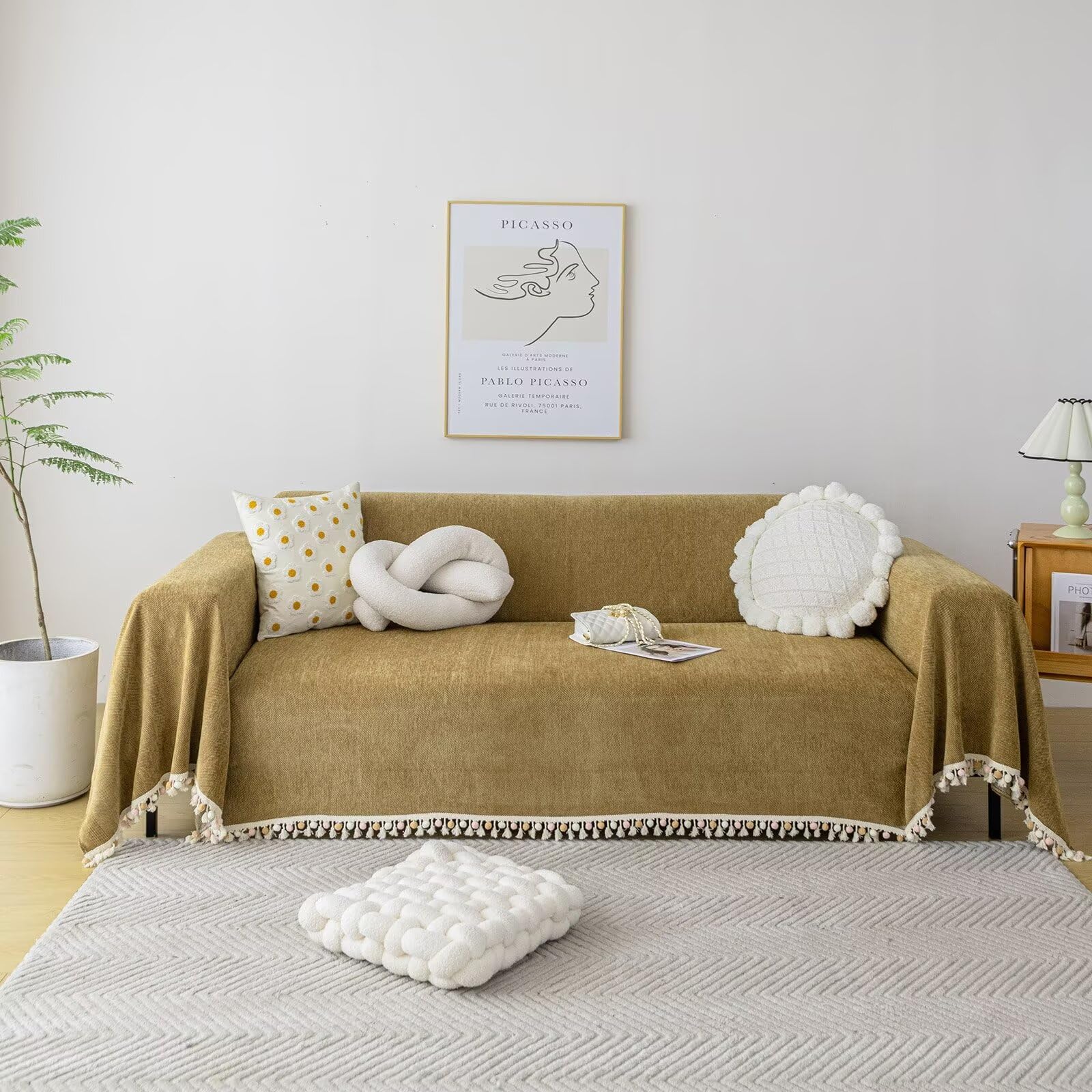 VClife XL Couch Cover Simple Mustard Yellow Sofa Cover with Ball Tassel Fringe Breathable Pet Friendly Chenille Sofa Slipcover f