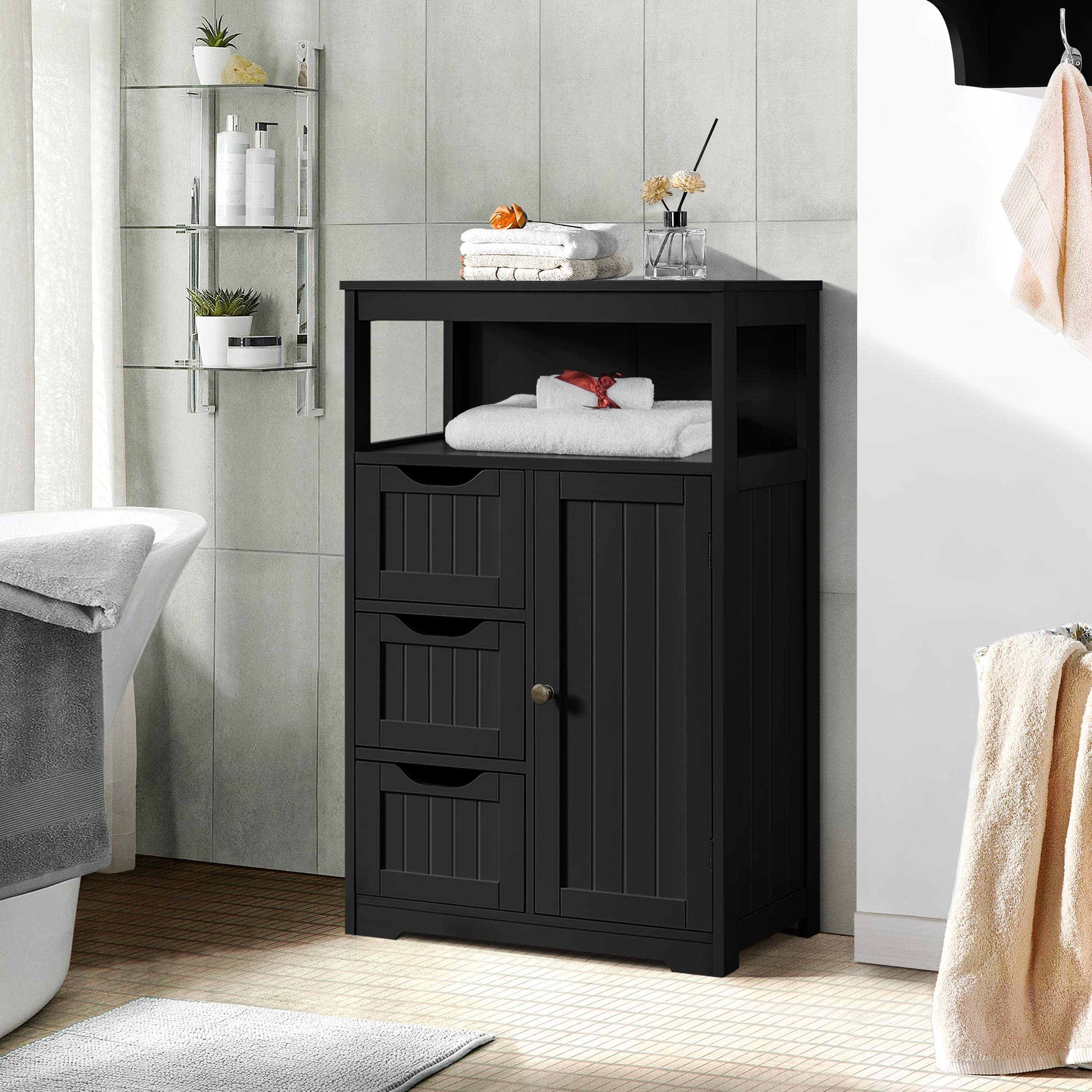 Yaheetech Bathroom Floor Cabinet, Free Standing Wooden Storage Organizer Multiple Tiers Storage Cabinet For Living Room, Black