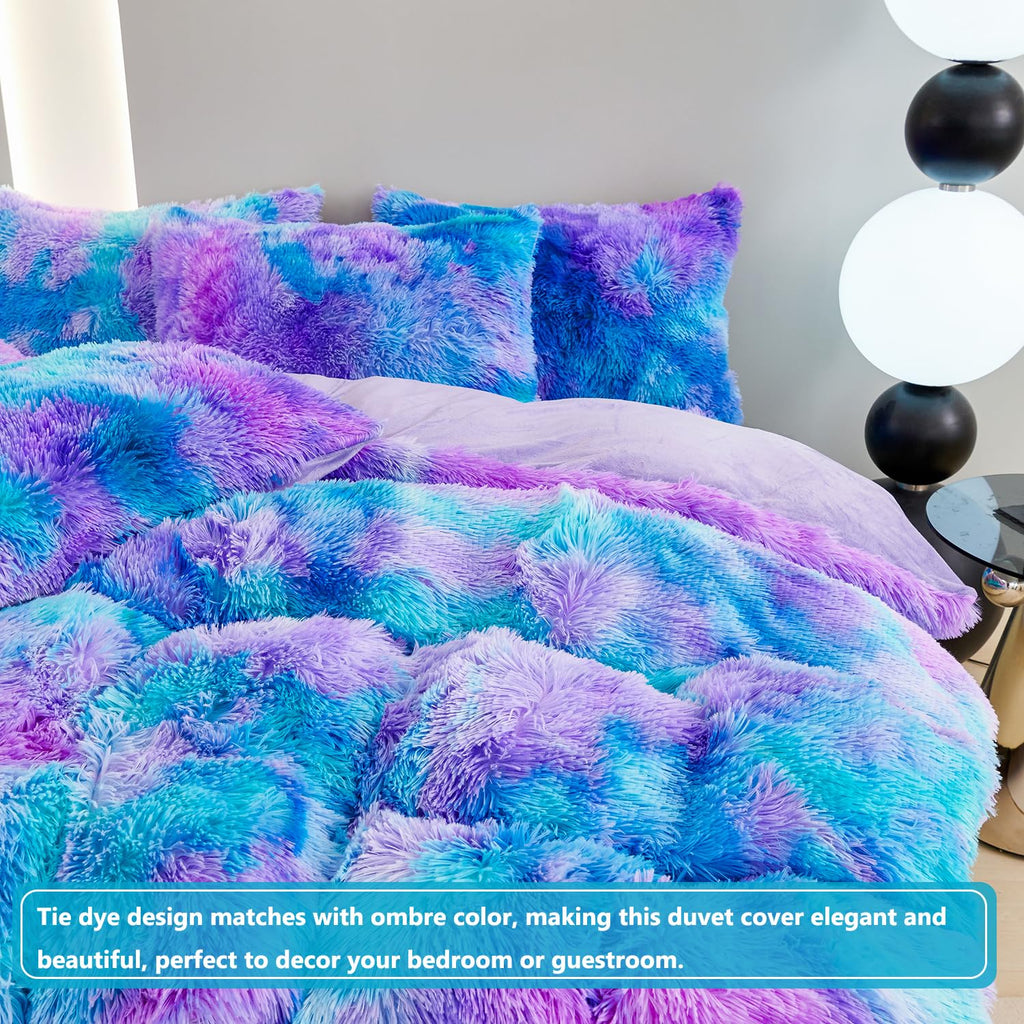 SUCSES Faux Fur Duvet Cover Set Queen Blue Purple Plush Shaggy Velvet Microfiber hna010