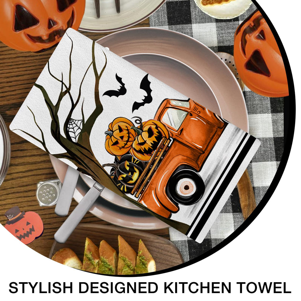 Seliem Halloween Trick Or Treat Kitchen Dish Towels Set Of 2, Jack O Lantern Pumpkin Truck Hand Towels Stripes Drying Baking Coo