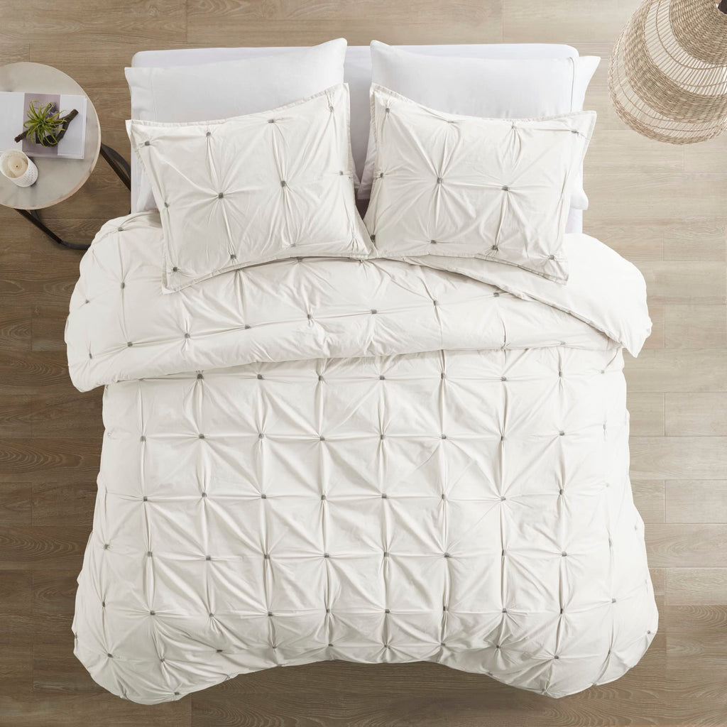 Ink+Ivy Masie Duvet Cover King/Cal King Size - White , Elastic Embroidery Tufted Ruffles Duvet Cover Set – 3 Piece – 100% Cotton Percale Light Weight Bed Comforter Covers