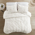 Ink+Ivy Masie Duvet Cover King/Cal King Size - White , Elastic Embroidery Tufted Ruffles Duvet Cover Set – 3 Piece – 100% Cotton Percale Light Weight Bed Comforter Covers