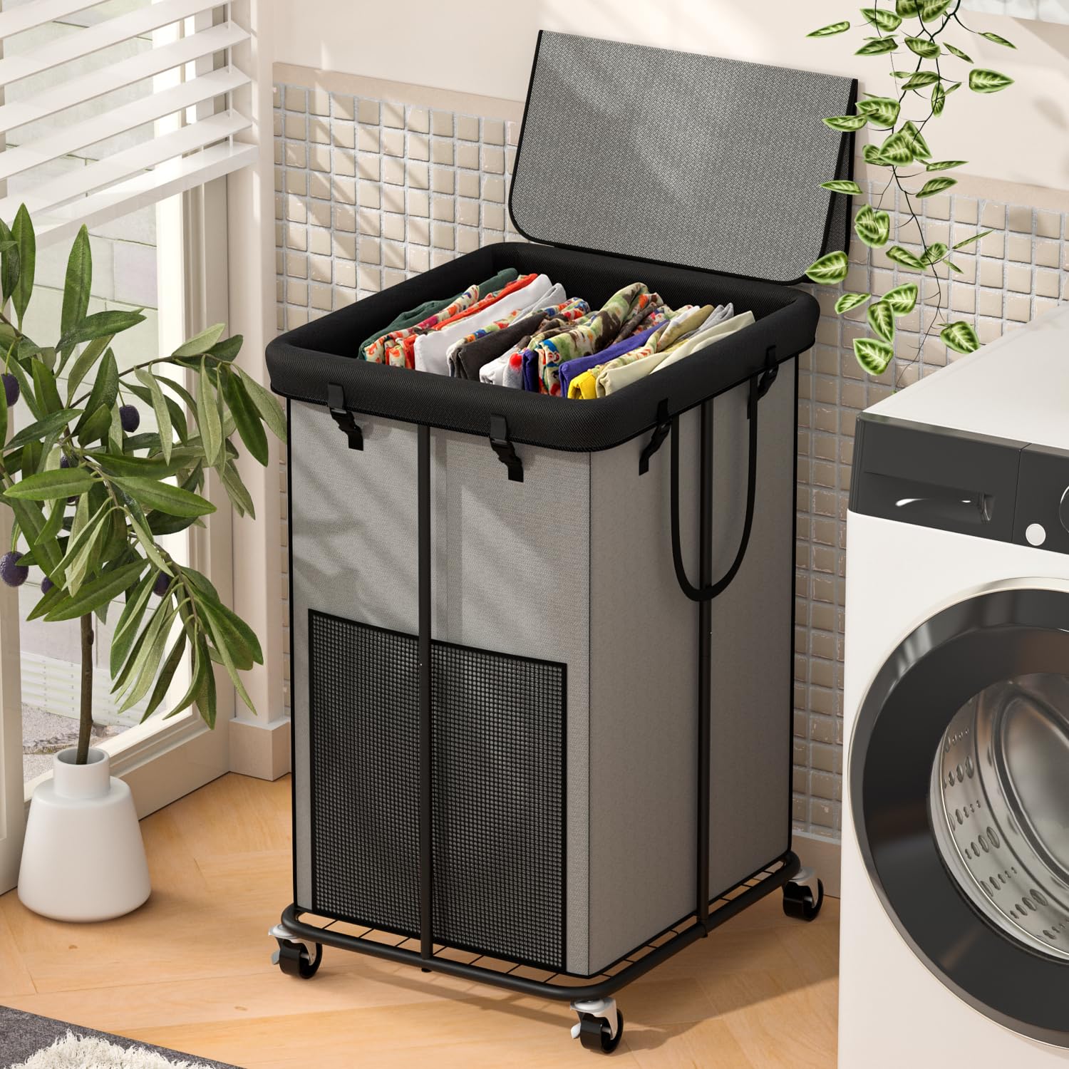 YKDIRECT 150L Large Laundry Hampers with Lid, Oxford Fabric Laundry Hampers, Metal Frame and Removable Bag Design with Wheels, S