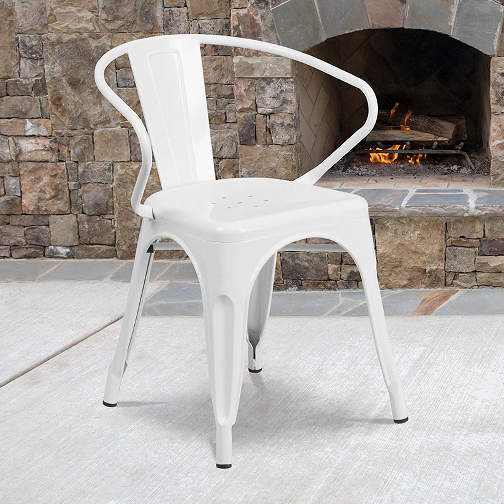Flash Furniture Luna Commercial Grade White Metal Indoor-Outdoor Chair with Arms