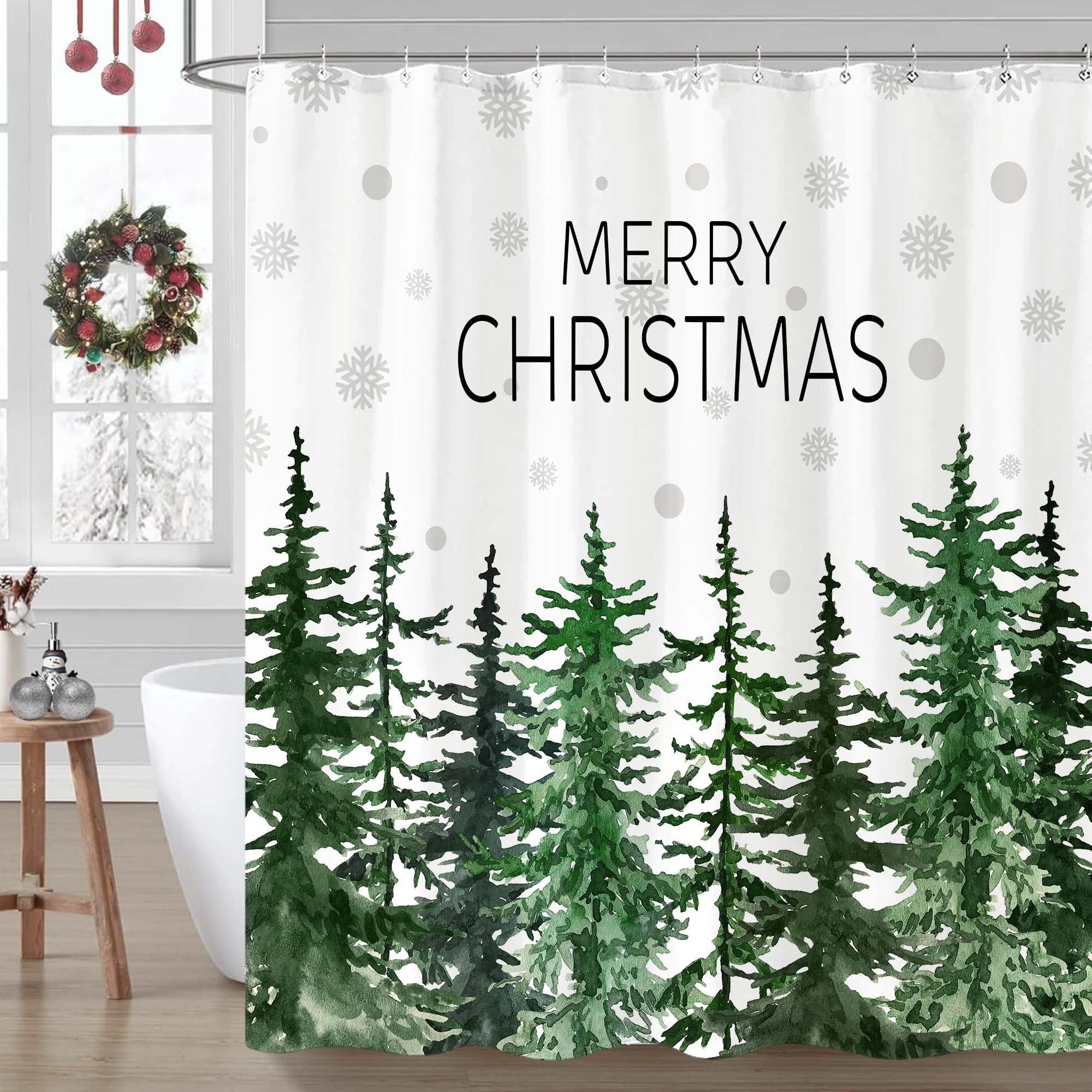 Accnicc Christmas Shower Curtain Winter Snowflake Pine Tree Shower Curtains For Bathroom Green Forest Xmas Trees Waterproof Fabr