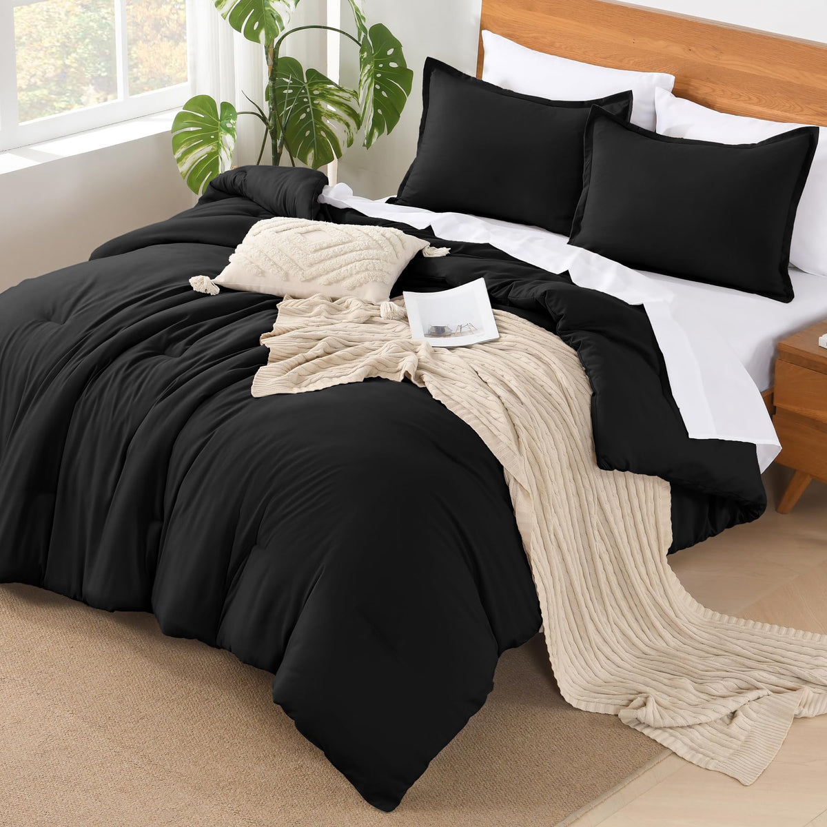 Andency Black California King Comforter Set - 7 Pieces Bed In A Bag Cal King Bedding Comforter Sets, Summer Plain Soft Lightweight Comforter With Fitted Sheets, Flat Sheets, Pillowcases & Shams