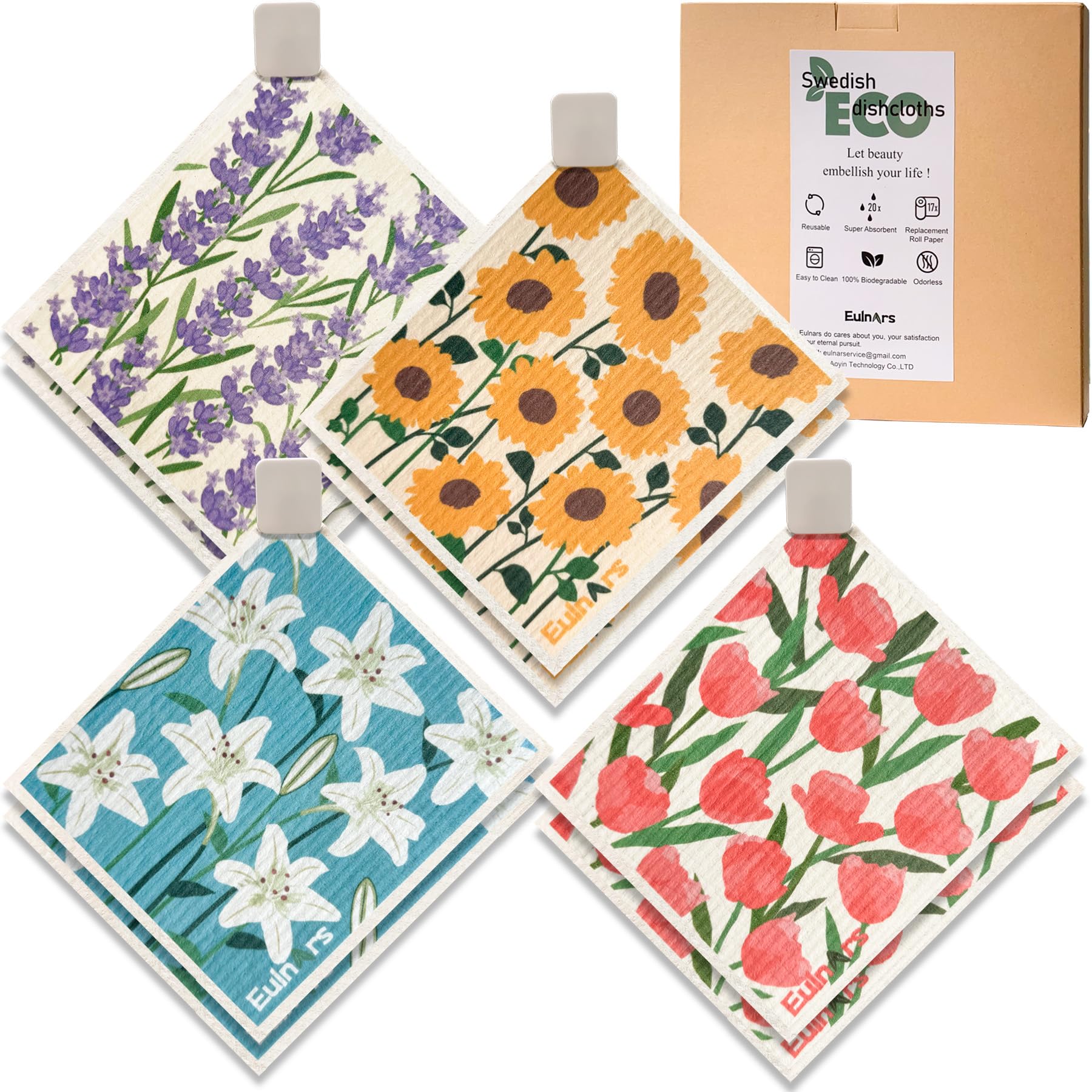 Eulnars Swedish Dishcloths for Kitchen, 8 Pack Flower Reusable Paper Towels Washable, Non-Scratch Swedish Kitchen Towels, Super 