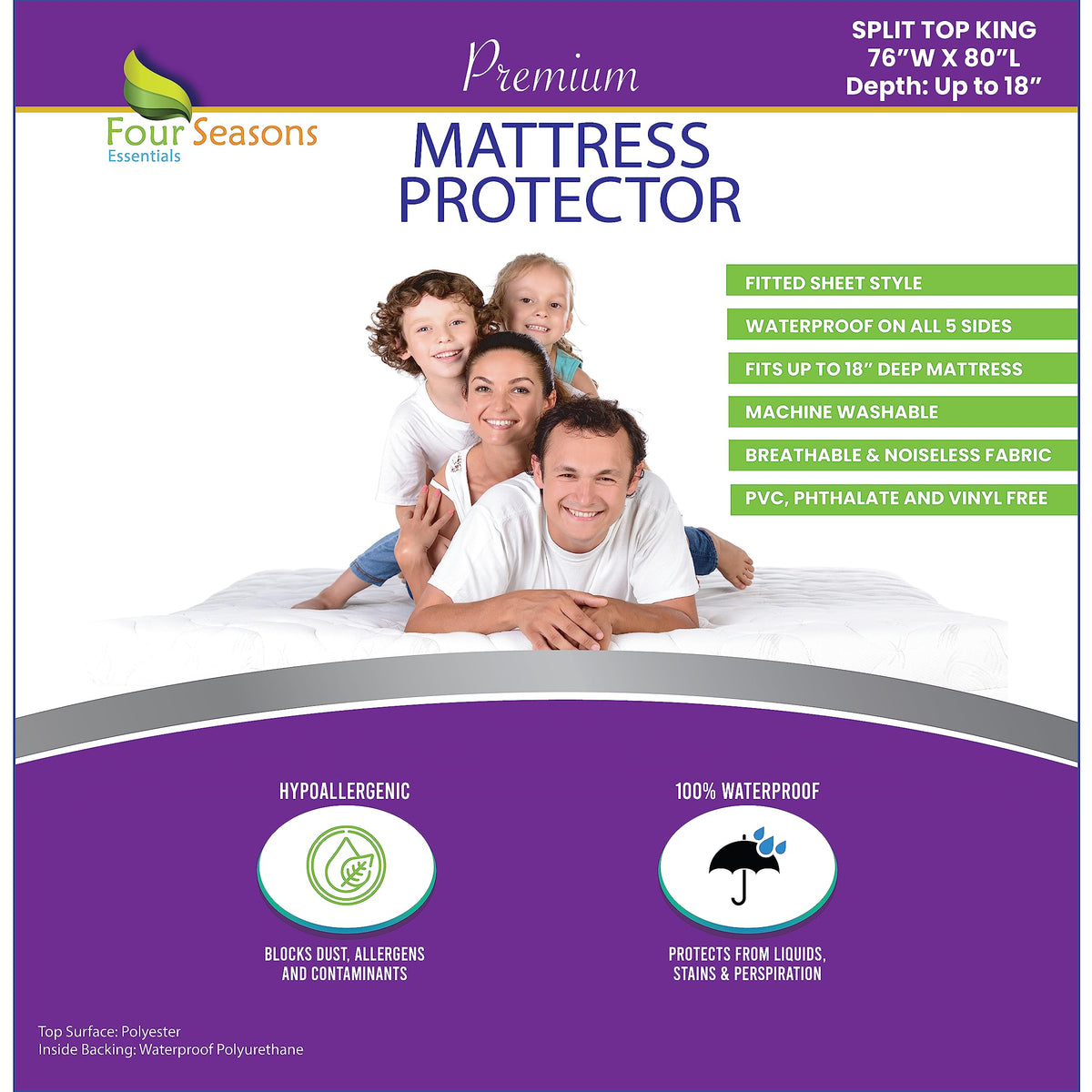 Split Top King Waterproof Mattress Protector (76'' W X 80'' L) - For Adjustable Bed With Upper Flex- Hypoallergenic Premium Qual