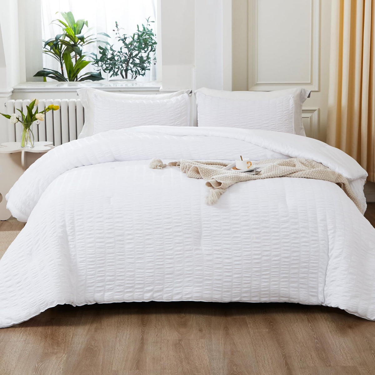 Litanika White Comforter Queen Size Set, 3 Pieces Lightweight Seersucker Bedding Comforters Sets, Soft Bed Set As Gifts (90X90In