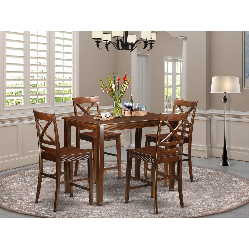 East West Furniture YAQU5-MAH-W 5 Piece Counter Height Dining Set Includes a Rectangle Kitchen Table and 4 Dining Room Chairs, 30x48 Inch, Mahogany
