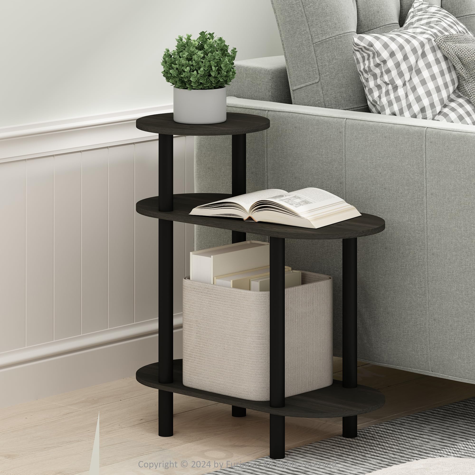 Furinno Turn-N-Tube 3-Tier Oval Sofa Side Table, End Table with Open Shelves, Espresso/Black