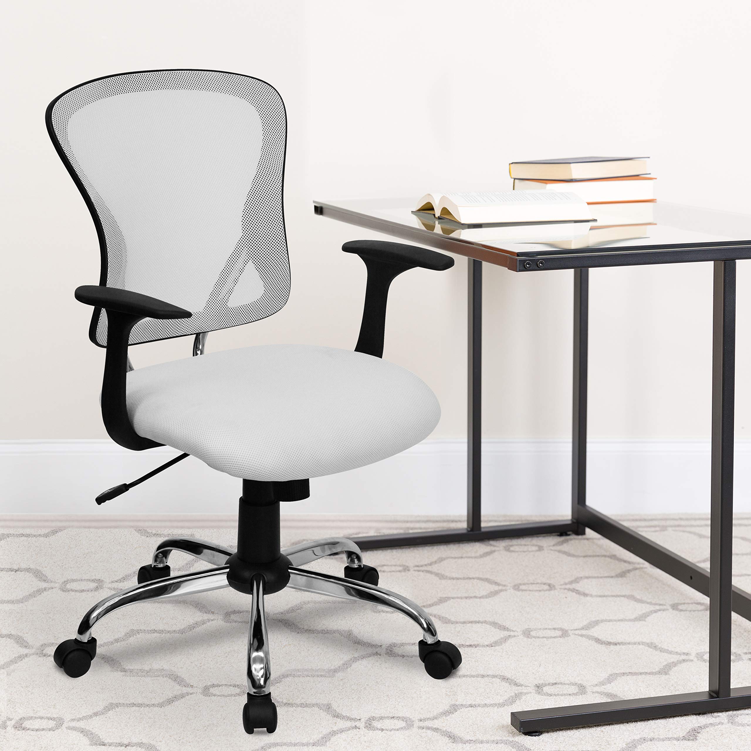 Flash Furniture Alfred Mid-Back White Mesh Swivel Task Office Chair with Chrome Base and Arms