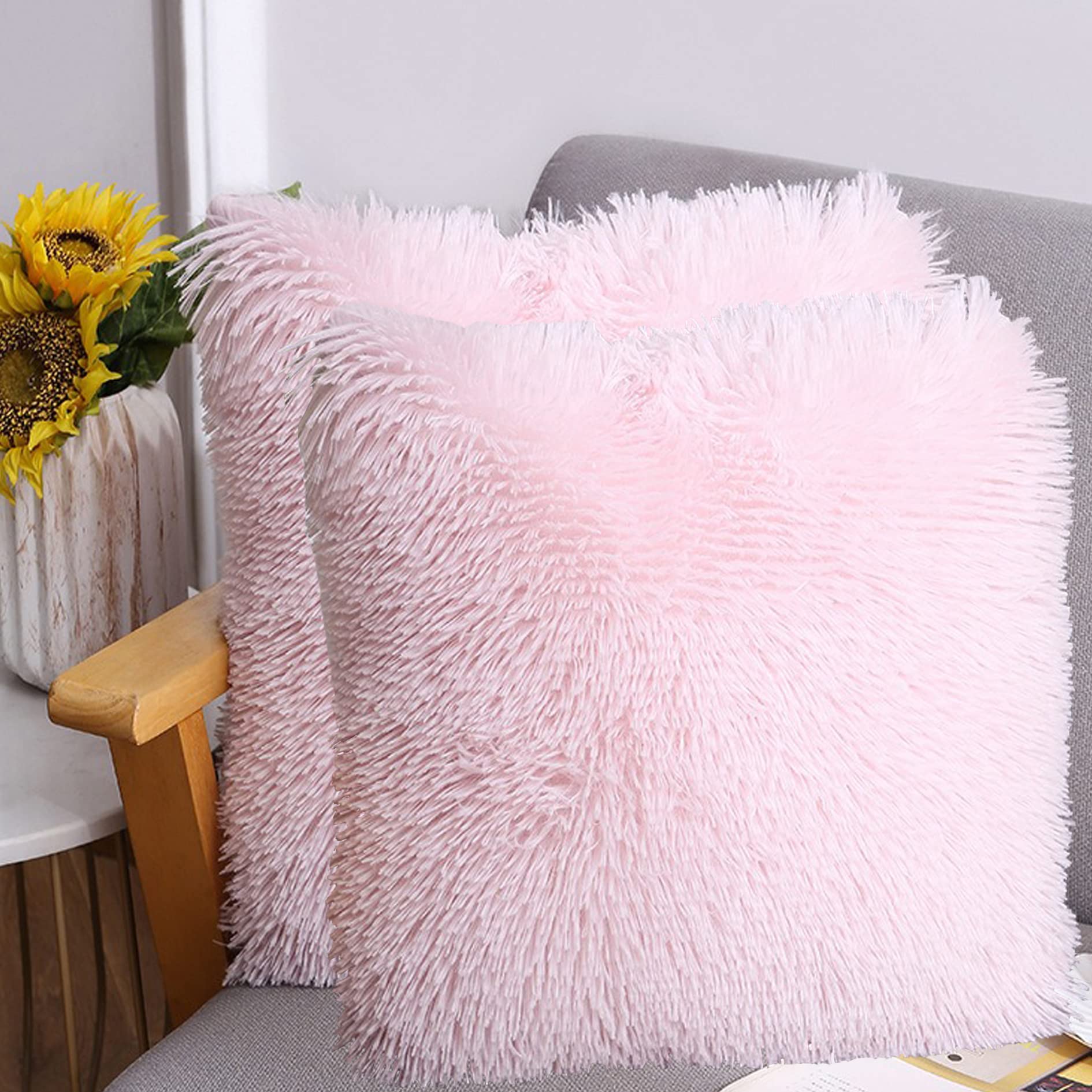 Dongchen Soft Fur Faux Fur Throw Pillow Covers Pack Of 2 Peach Blush Plush Decorative Tie Dye Pink Throw Girls Pillow Covers Cut