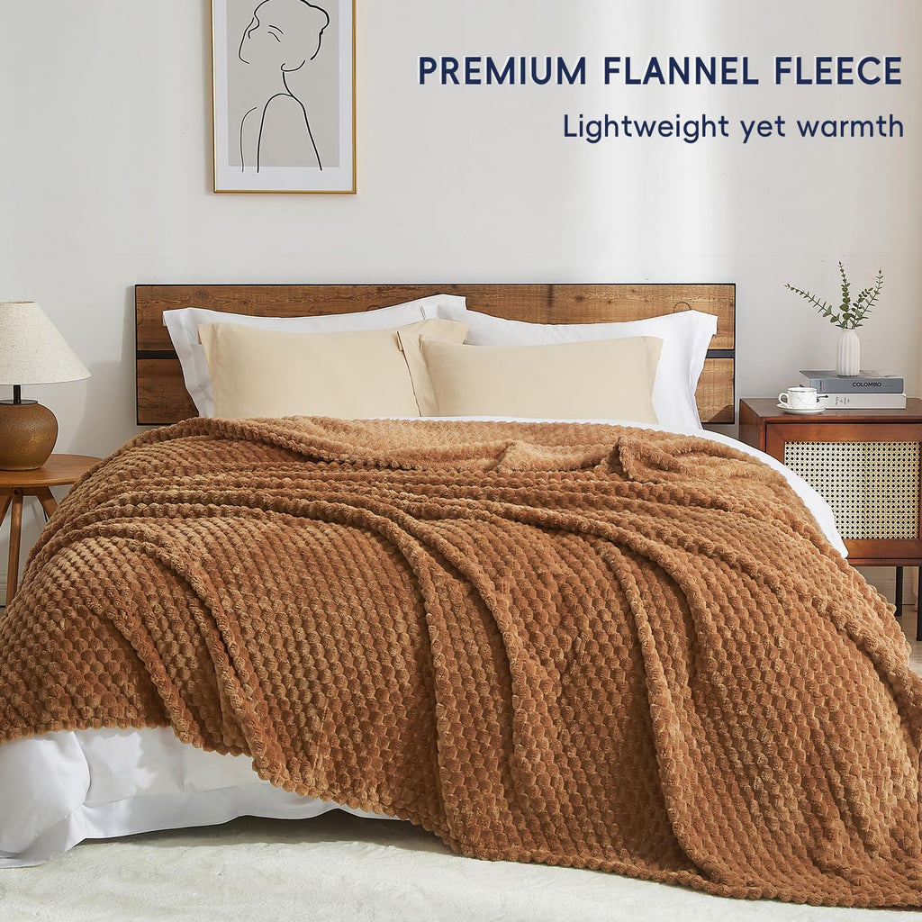 Phf Ultra Soft Flannel Fleece Blanket Queen Size, Lightweight 3D Jacquard Fleece Blanket, No Shedding, No Pilling, Luxury 340Gsm Aesthetic Fluffy Cozy Blanket For Bed Room Decor, 90'X90', Terracotta