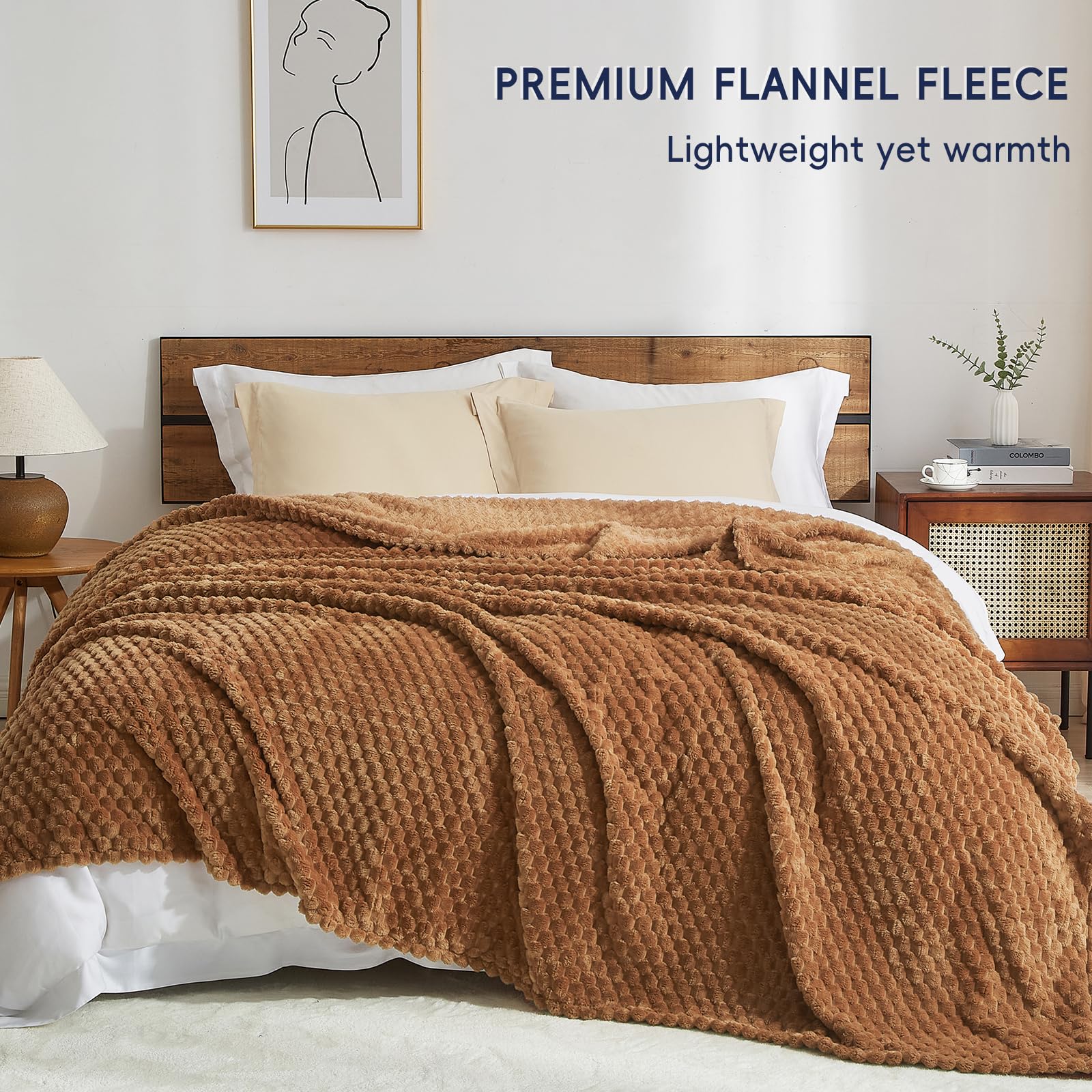Phf Ultra Soft Flannel Fleece Blanket Queen Size, Lightweight 3D Jacquard Fleece Blanket, No Shedding, No Pilling, Luxury 340Gsm Aesthetic Fluffy Cozy Blanket For Bed Room Decor, 90'X90', Terracotta