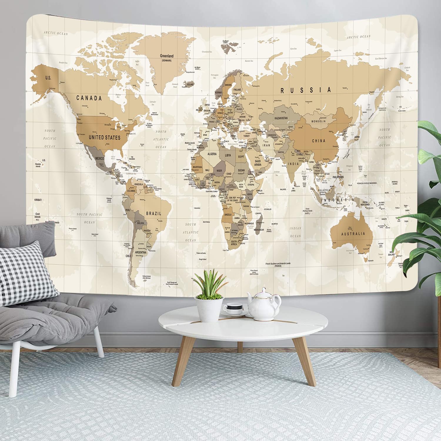 Old World Map Tapestry, Map of World Tapestry Wall Hanging for Kids Students, Vintage Asia Europe America Africa Japan Beige Wal