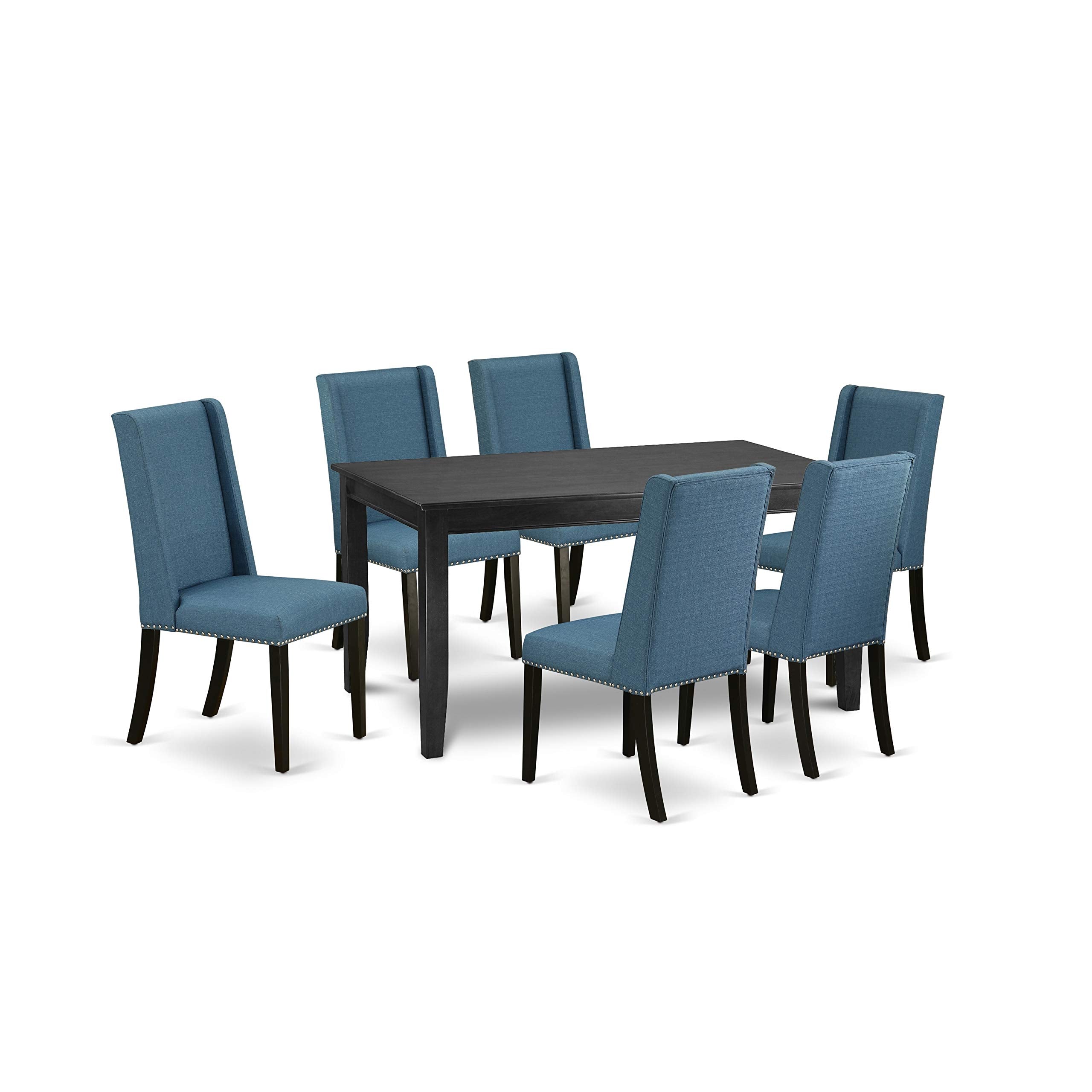 East West Furniture Dufl7-Blk-21 Dudley 7 Piece Kitchen Set Consist Of A Rectangle Table And 6 Blue Linen Fabric Parsons Dining Chairs, 36X60 Inch, Black