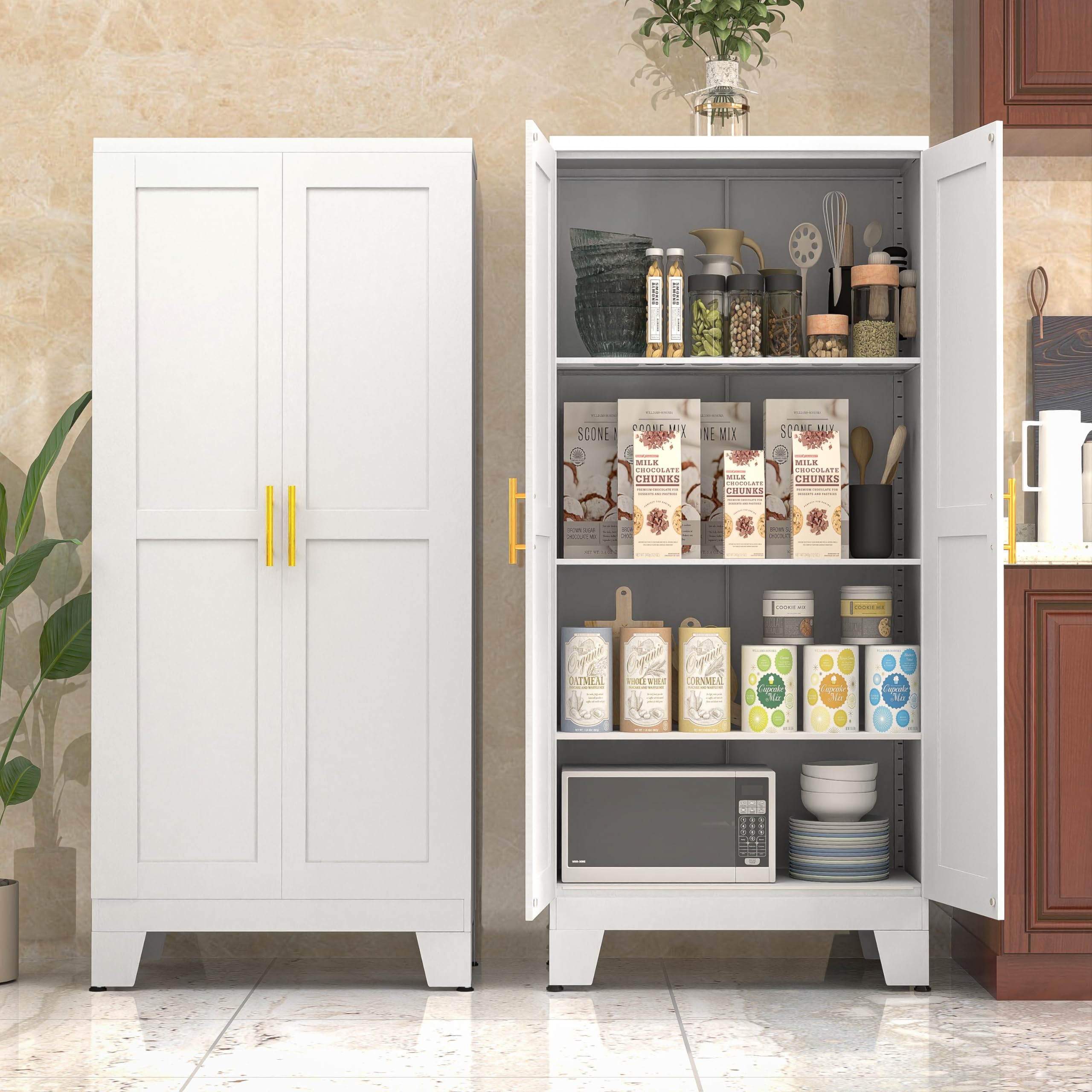 Paofin White Metal Kitchen Storage Cabinet, Kitchen Pantry Storage Cabinet With Doors And Shelves, Storage Cabinet With Adjustab