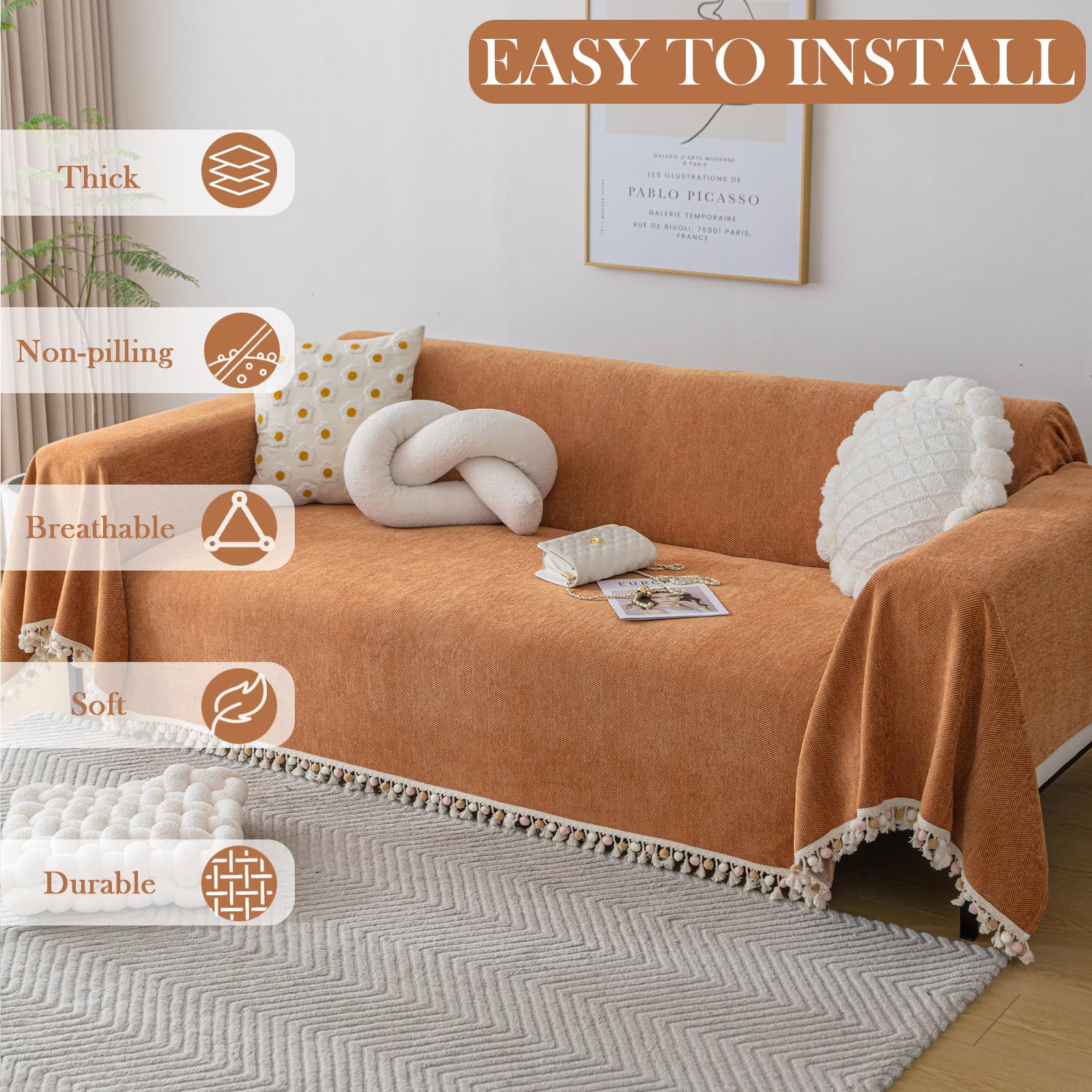 Handontime Dark Orange Sofa Covers Couch Cover For Dogs Colorful Tassel Sofa Seat Cover Lovetseat Cover Pet Couch Cover Bohemian Sofa Cover For Couch Vintage Boho Couch Covers Futon Cover, 71' X134'