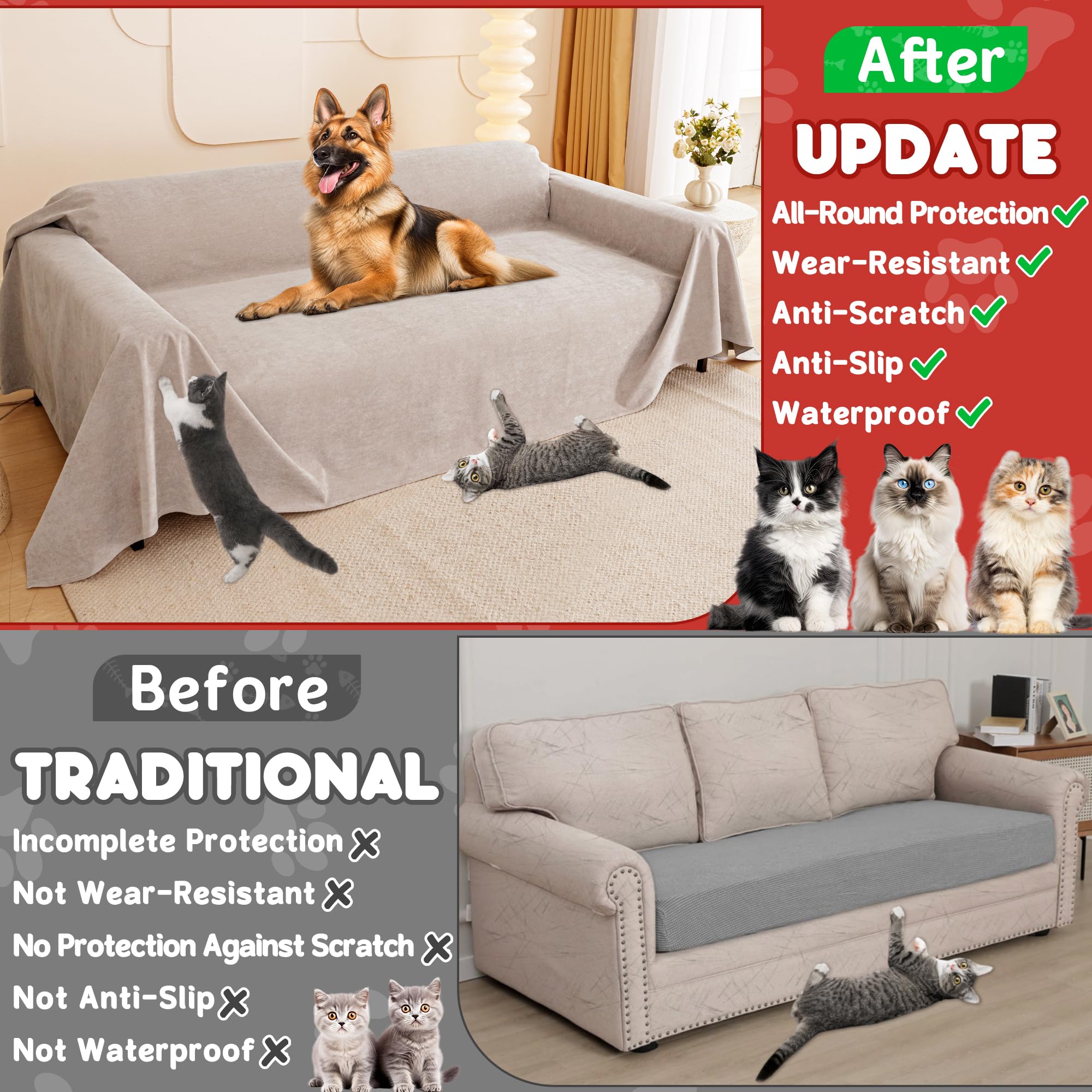 Cat Scratch Furniture Protector - Anti-Slip, Waterproof Sofa Cover To Keep Cats Off, Pet-Friendly Couch Protectors For 3 Cushion