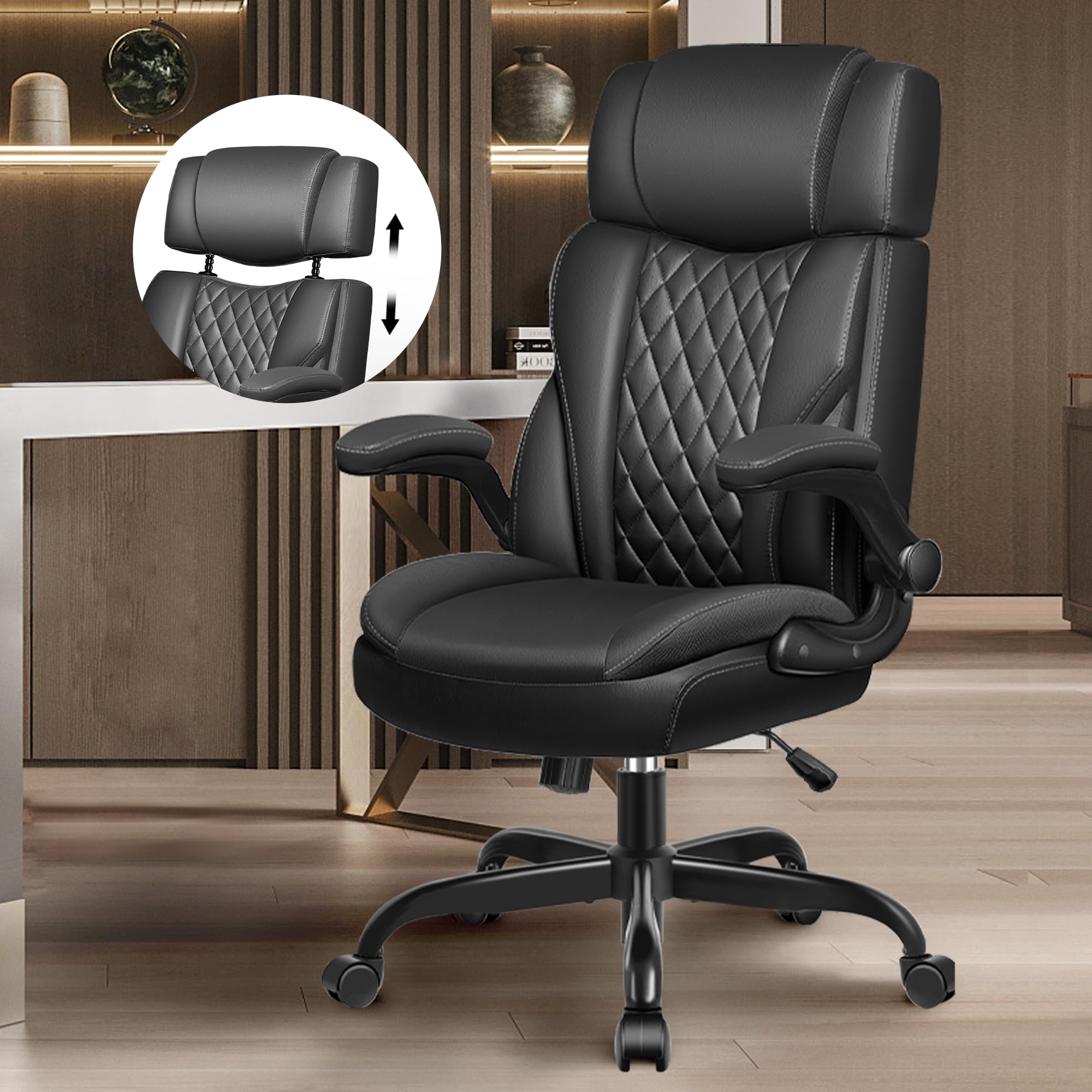 Bestglory Office Chair Flip Up Arms, Executive Leather Office Chair Ergonomic Desk Chair With Lumbar Support, Adjustable Headrest, Computer Chair Home Office Desk Chair With Rocking Function