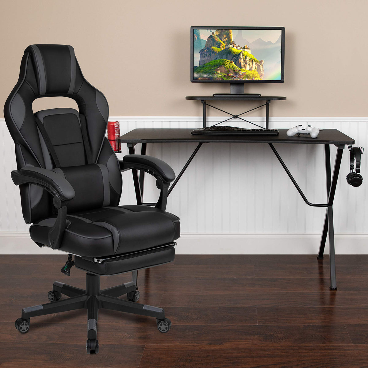 Flash Furniture Optis Black Gaming Desk With Cup Holder/Headphone Hook/Monitor Stand & Black Reclining Back/Arms Gaming Chair With Footrest