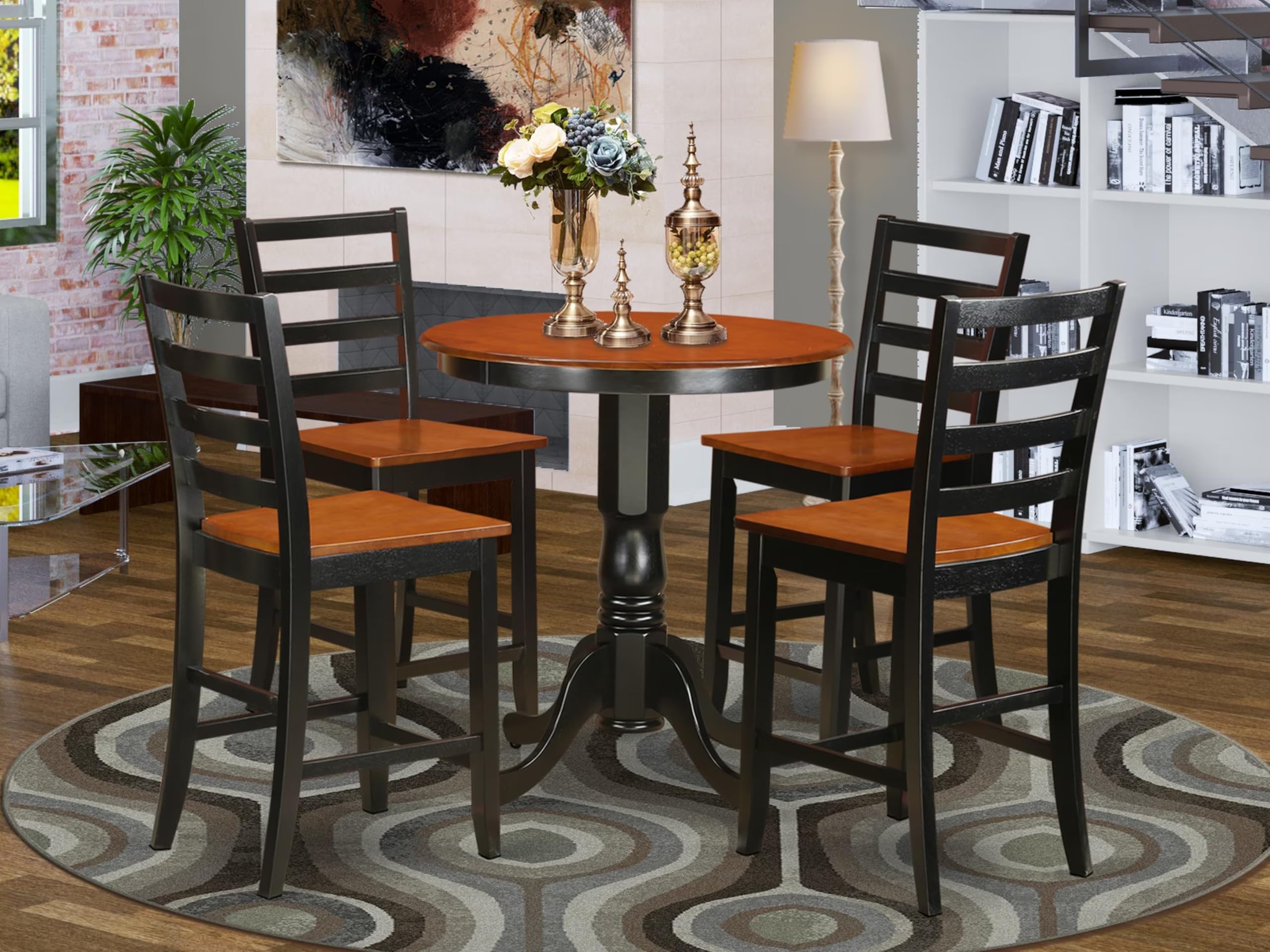 East West Furniture EDFA5-BLK-W 5 Piece Counter Height Dining Table Set Includes a Round Kitchen Table with Pedestal and 4 Dining Chairs, 30x30 Inch, Black & Cherry