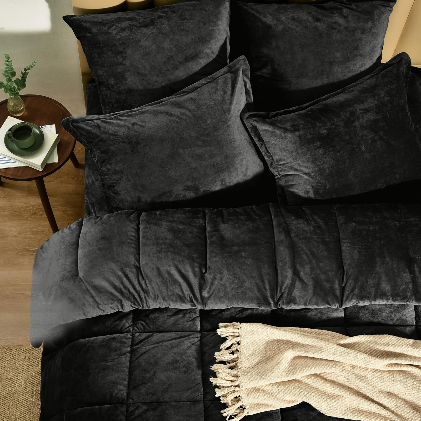 PHF King Size Double-Sided Velvet Comforter Set, 5 Piece Luxury Bedding in Black - Soft, Warm, Modern Bed in a Bag with Pillow Shams
