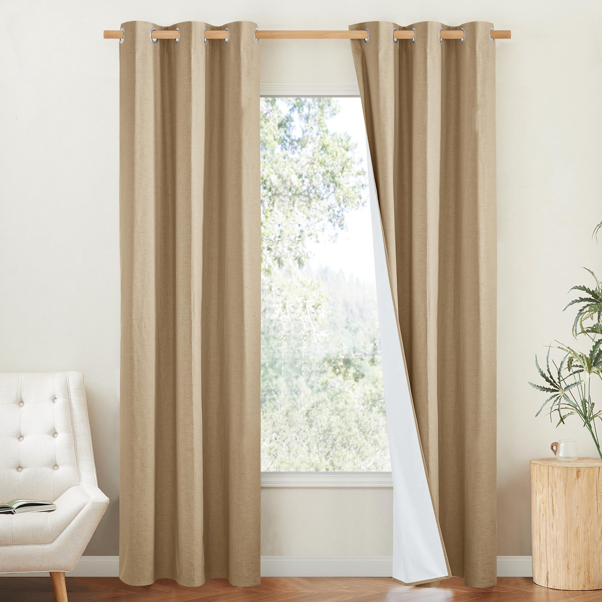 Nicetown 100% Absolutely Blackout Linen Curtains With Thermal Insulated White Liner, Camel, W42 X L84, 2 Panels, Long Curtains 84 Inch Length For Patio Door, Doorway, Office, Overnight Shiftworker
