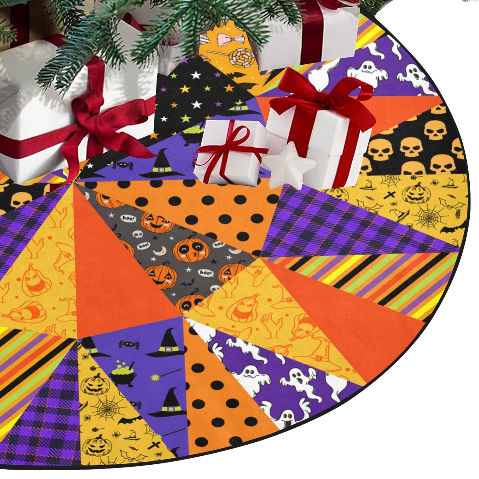 M YESCUSTOM Halloween Tree Skirt 48 inches Pumpkin Skull Ghost Witch Cat Halloween Tree Mat for Holiday New Year Party Decoratio