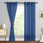 Hiasan Sheer Curtains 90 Inches Long With Tiebacks, Light Filtering Semi Transparent Lightweight Voile Grommet Window Curtains For Bedroom, Living Room, Navy Blue, W42 X L90, Set Of 2 Drape Panels