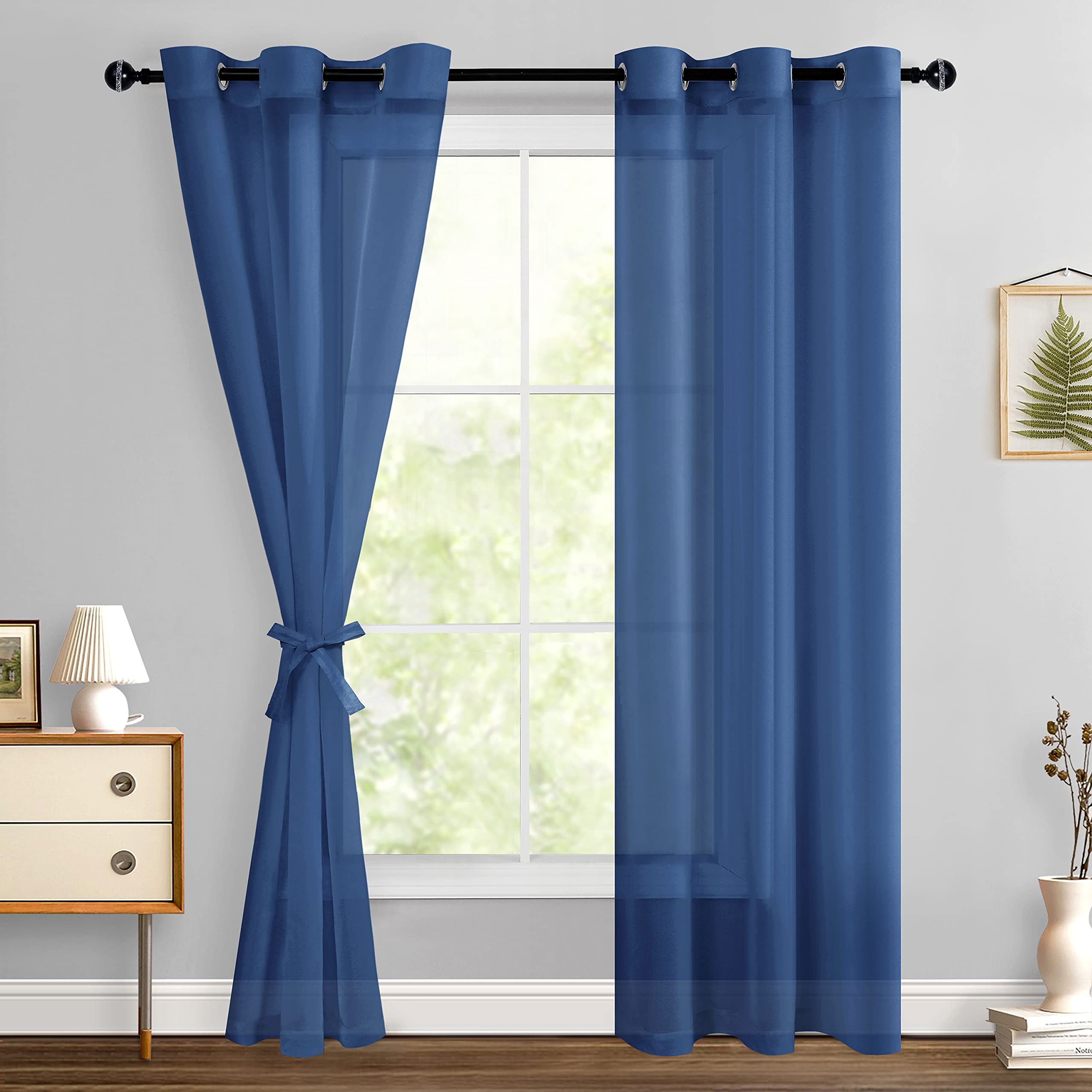Hiasan Sheer Curtains 90 Inches Long With Tiebacks, Light Filtering Semi Transparent Lightweight Voile Grommet Window Curtains For Bedroom, Living Room, Navy Blue, W42 X L90, Set Of 2 Drape Panels