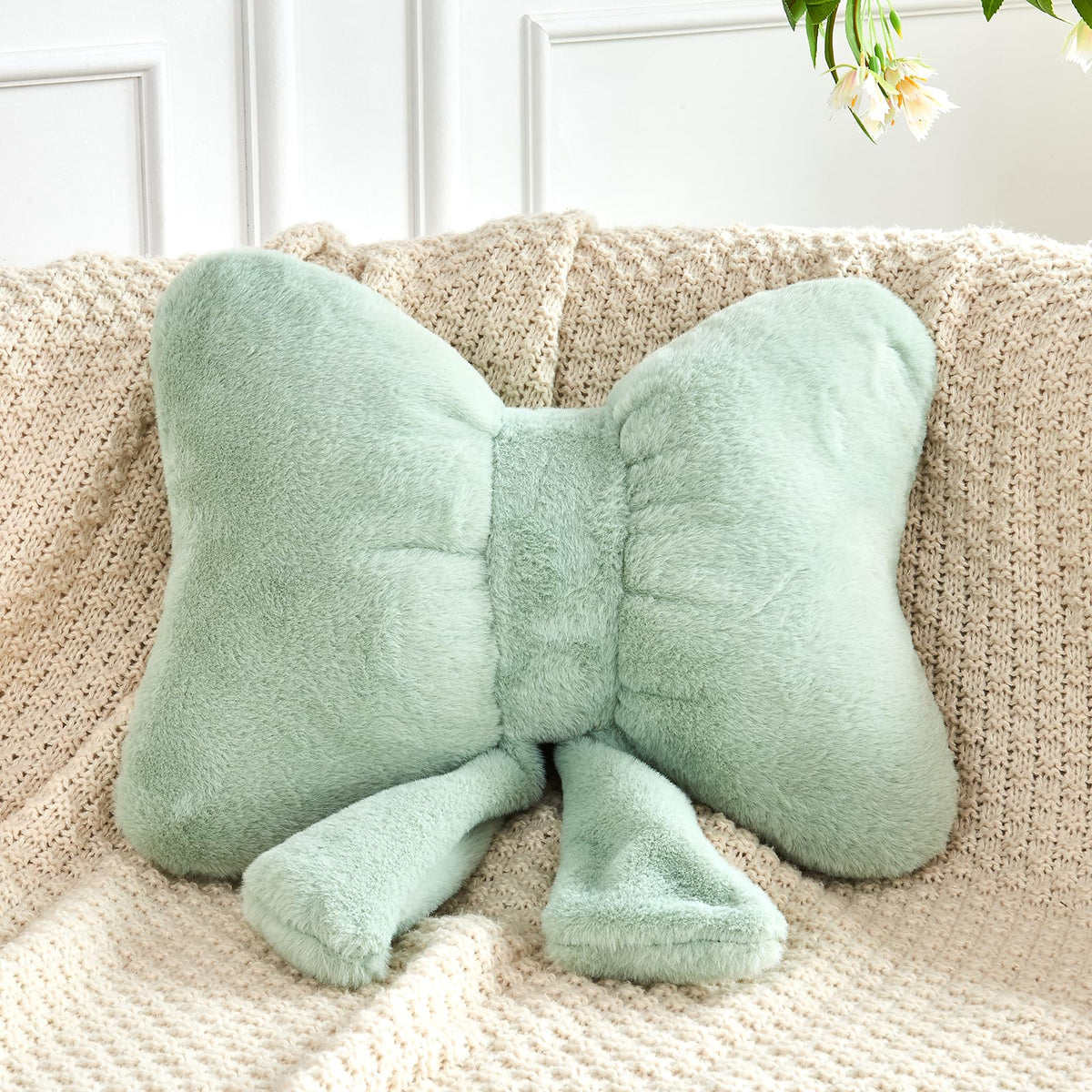Xvtru Sage Green Bow Pillow, Soft Bow Decorative Pillows With Faux Rabbit Fur, Cute 16' Bow Throw Pillows, Aesthetic Home Decor