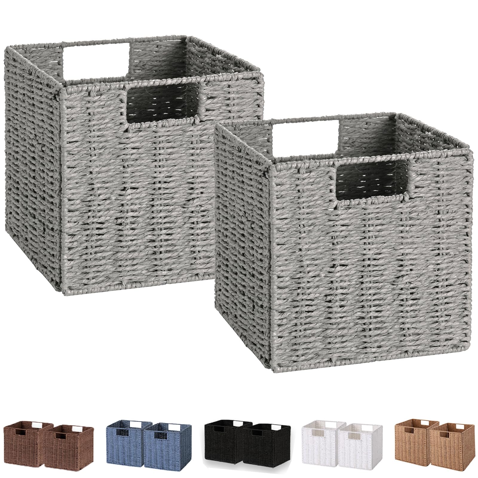 Vagusicc Storage Basket, Set of 2 Hand-Woven Paper Rope Wicker Baskets for Storage, Foldable Cube Storage Bins Organizer, 9 inch
