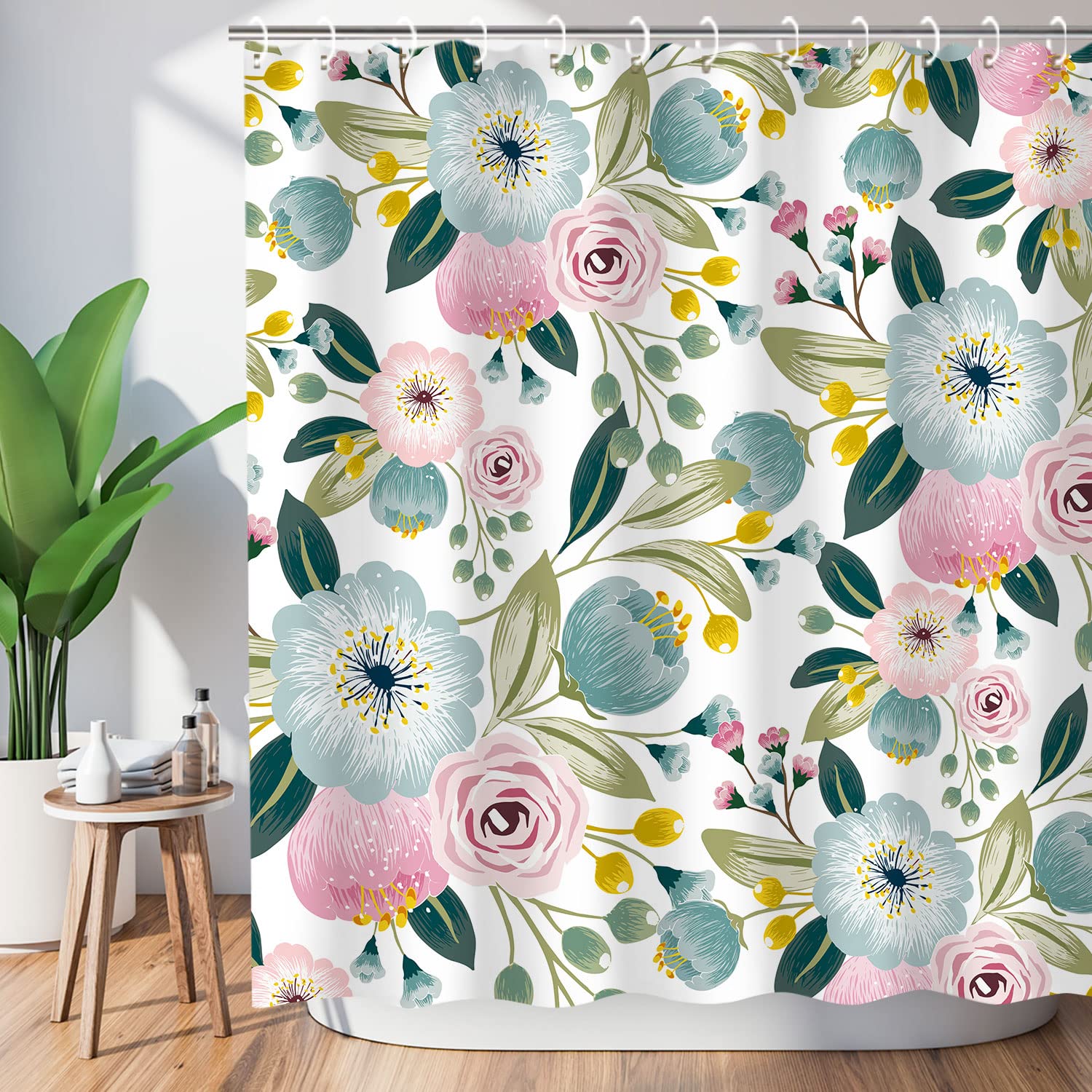 LIVILAN Mint Blue Shower Curtain Boho Shower Curtains Floral Blossom Flowers Shower Curtain Set Girly Light Blue and Pink Poppy 