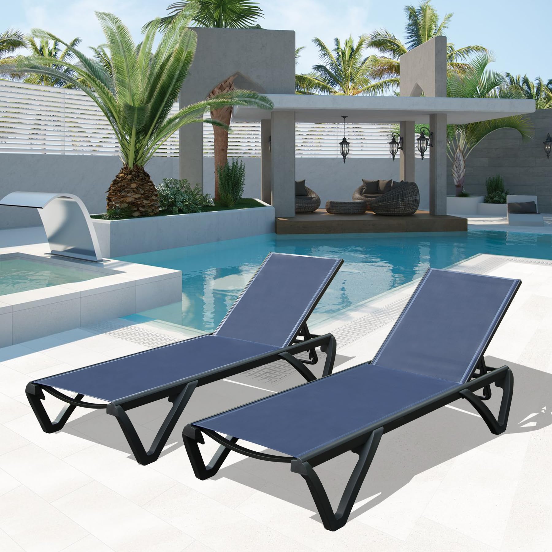 Domi Patio Lounge Chairs Set Of 2, Aluminum Pool Chaise Lounge With 5 Position Adjustable Backrest And Wheels, Outdoor Lounge Chairs For Pool, Garden, Beach, Backyard, Navy Blue