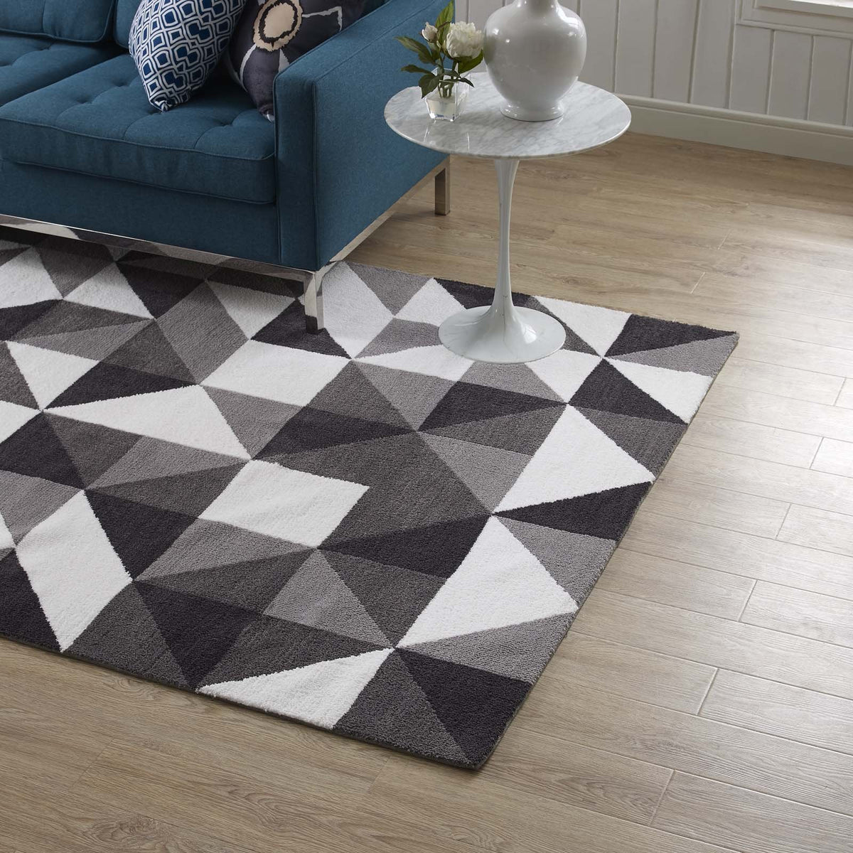 Modway Kahula Geometric Triangle Mosaic 5X8 Area Rug In Black, Gray And White
