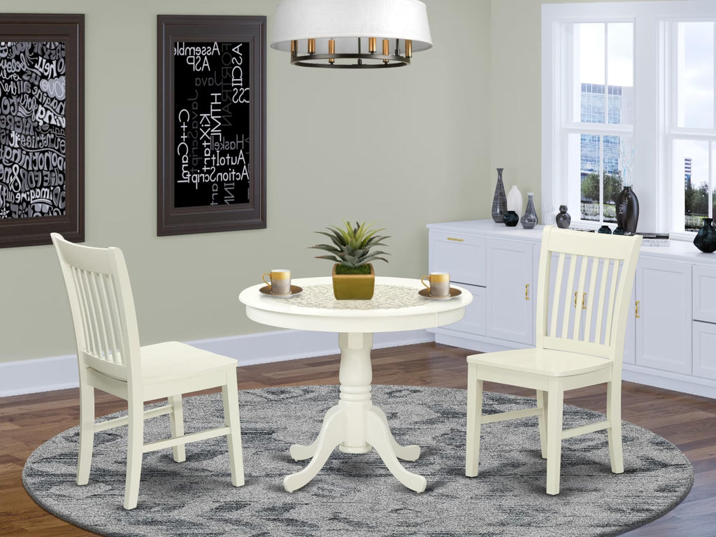 East West Furniture ANNO3-LWH-W 3 Piece Dining Room Furniture Set Contains a Round Dining Table with Pedestal and 2 Wood Seat Chairs, 36x36 Inch, Linen White