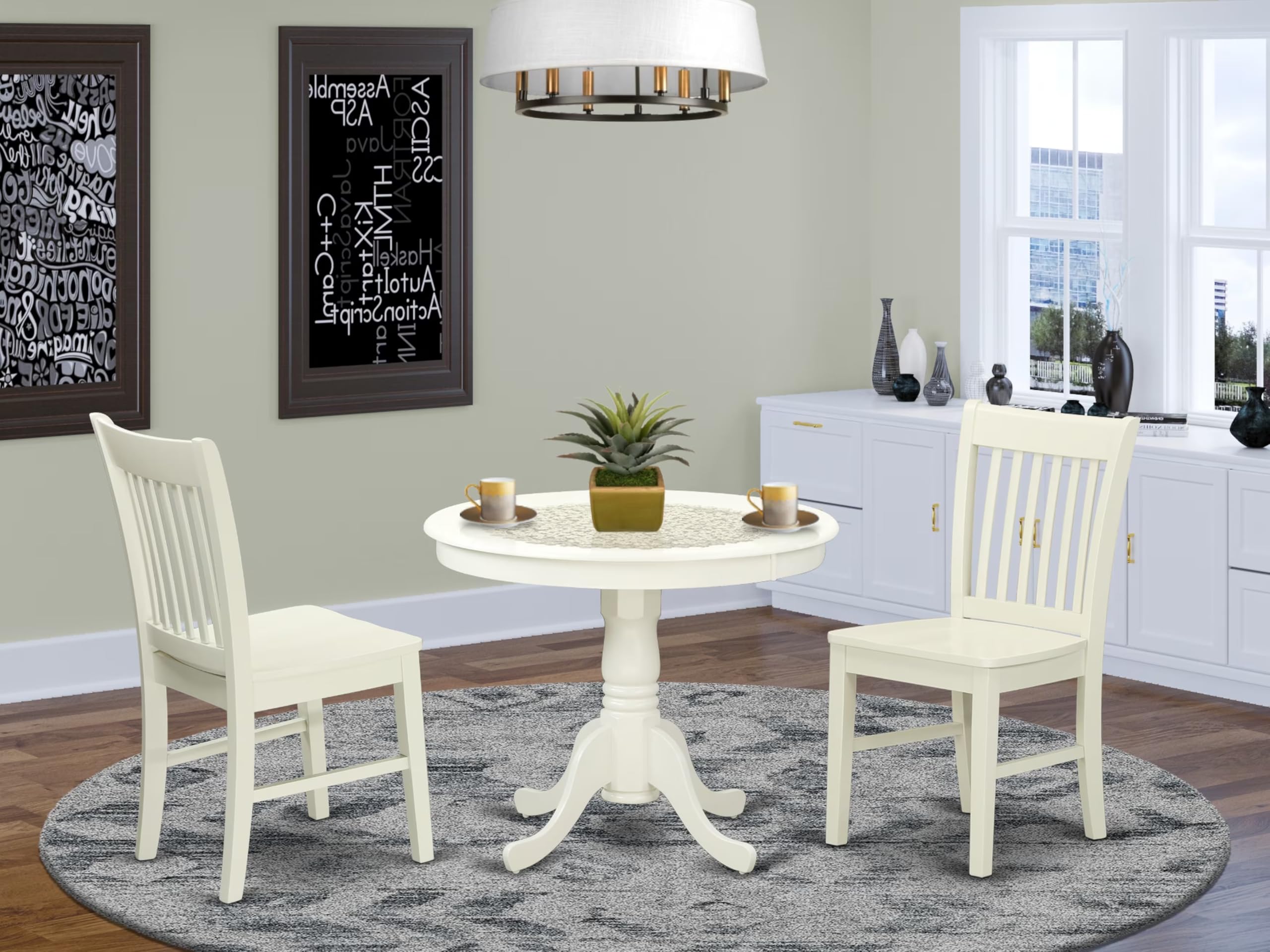 East West Furniture ANNO3-LWH-W 3 Piece Dining Room Furniture Set Contains a Round Dining Table with Pedestal and 2 Wood Seat Chairs, 36x36 Inch, Linen White