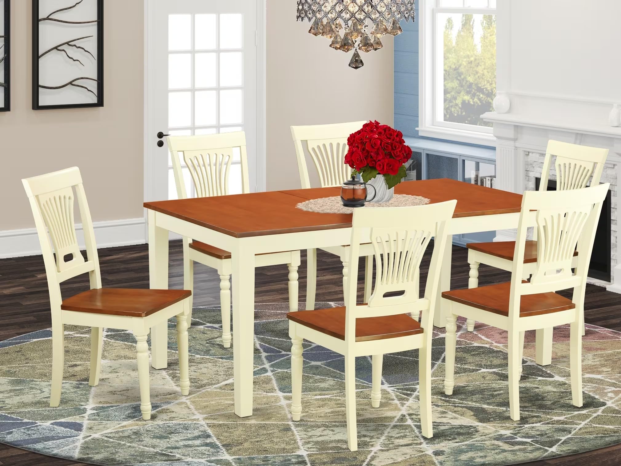 East West Furniture NIPL7-WHI-W 7 Piece Dining Set Consist of a Rectangle Dining Room Table with Butterfly Leaf and 6 Wood Seat Chairs, 36x66 Inch, Buttermilk & Cherry