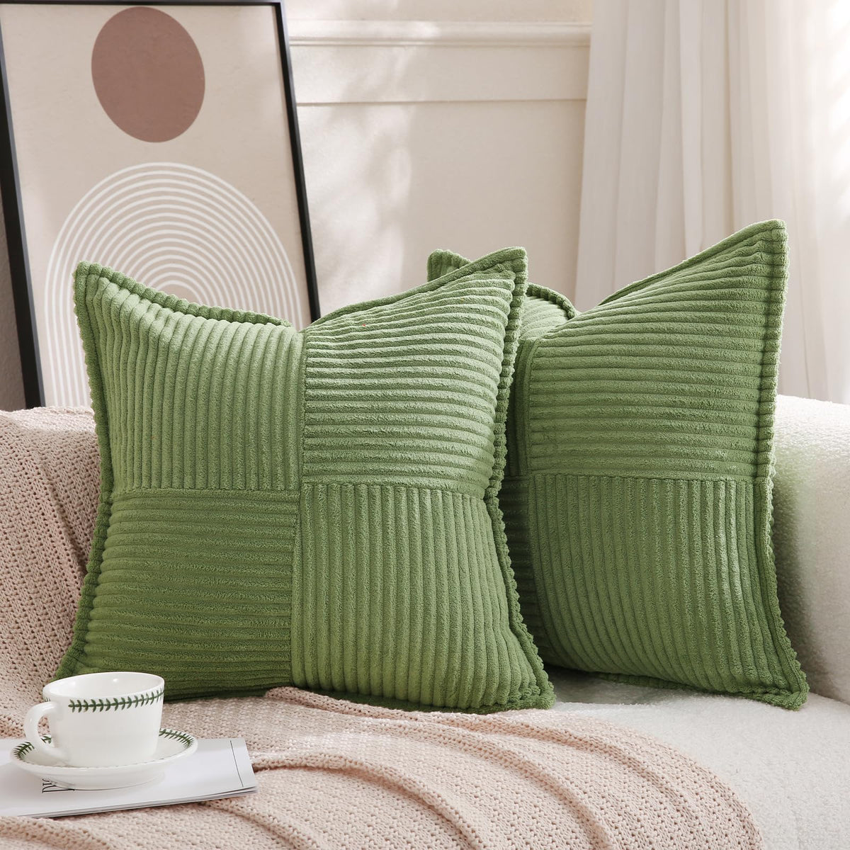 Puncuntex Corduroy Throw Pillow Covers Set Of 2 Boho Decorative Sage Green 16  16 Inch,Super Soft Pillowcase Cozy Striped Textur