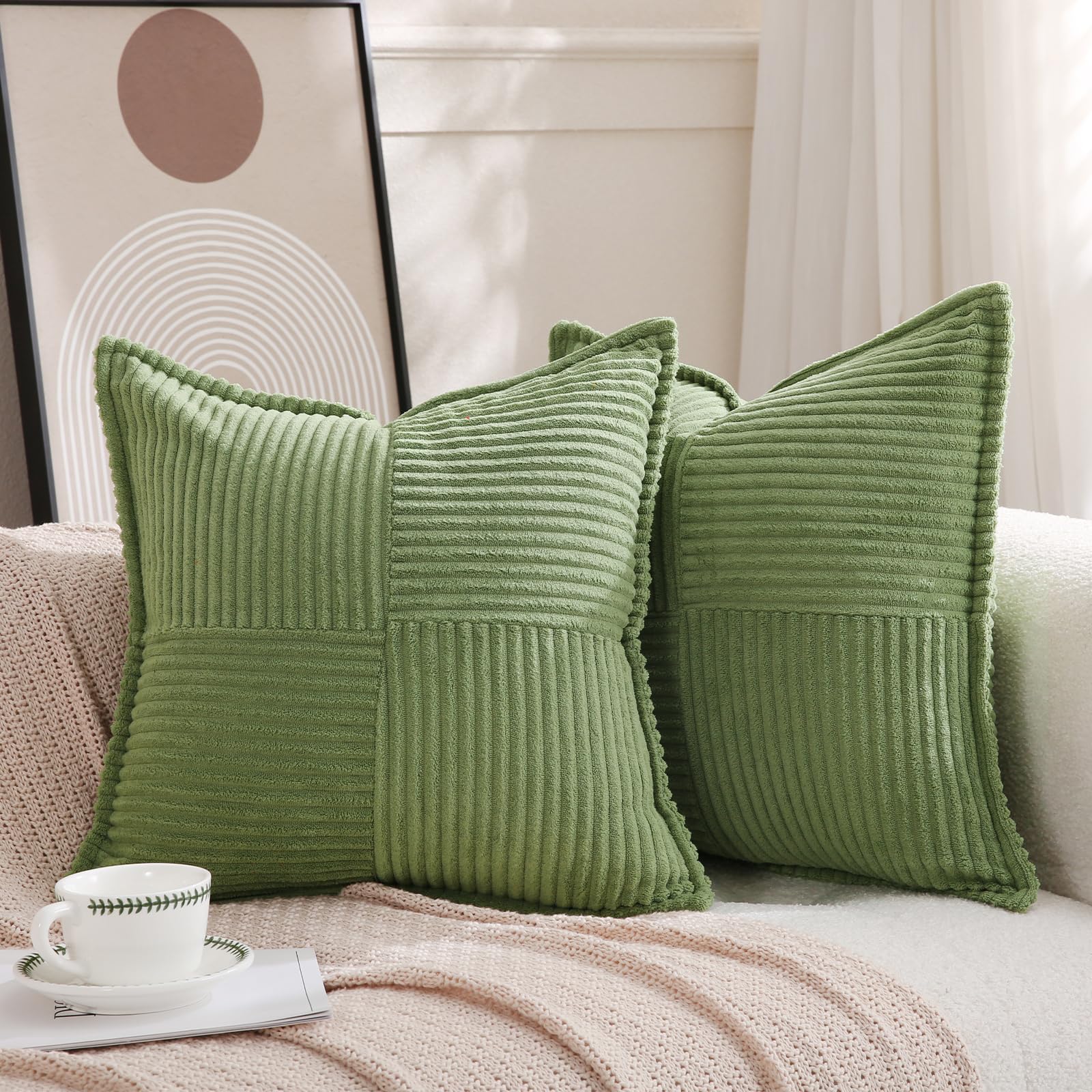 Puncuntex Corduroy Throw Pillow Covers Set Of 2 Boho Decorative Sage Green 16  16 Inch,Super Soft Pillowcase Cozy Striped Textur