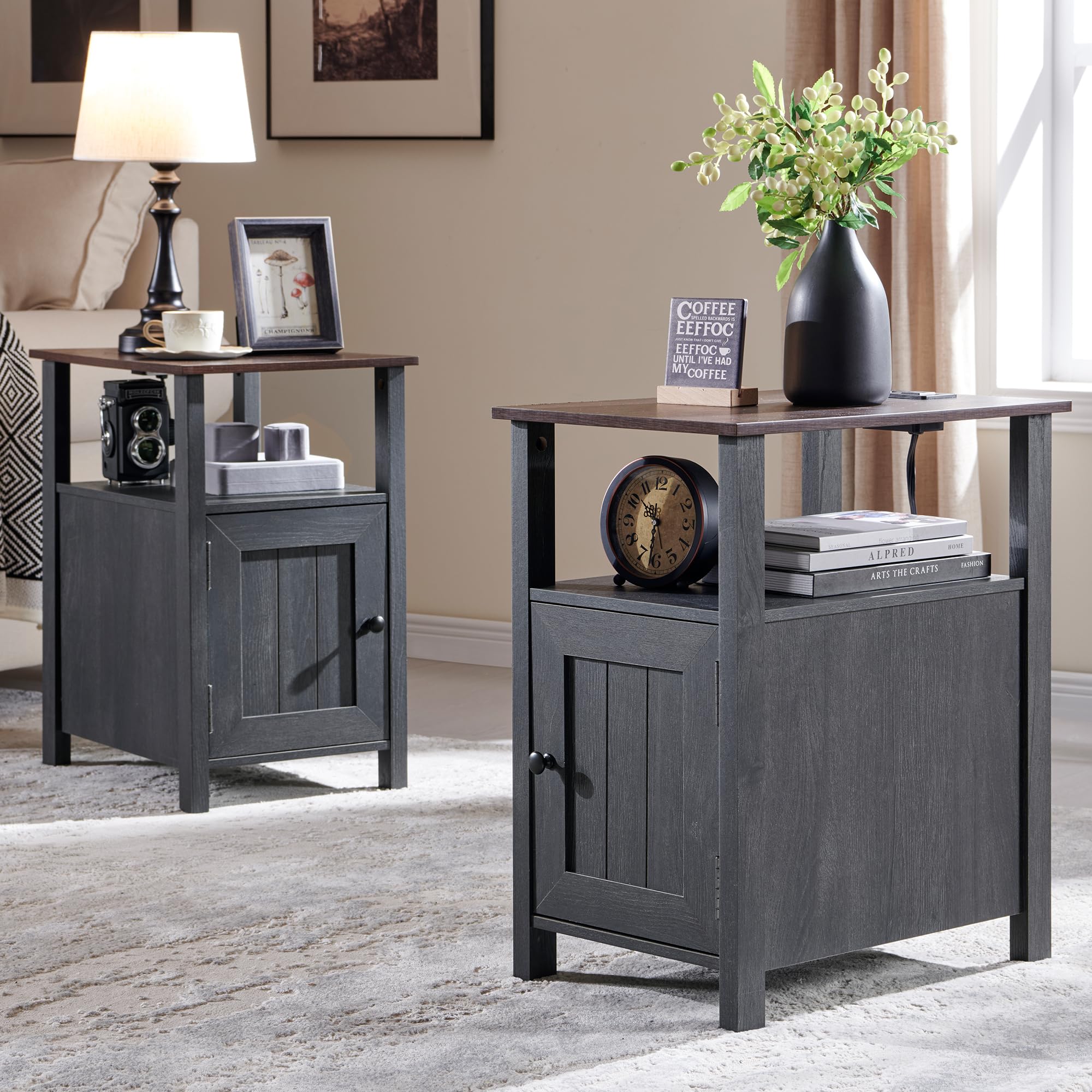 IFGET Farmhouse Nightstand Set of 2, End Table with Charging Station, Rustic Side Table w/Barn Door & Open Shelves, Bedside Tabl