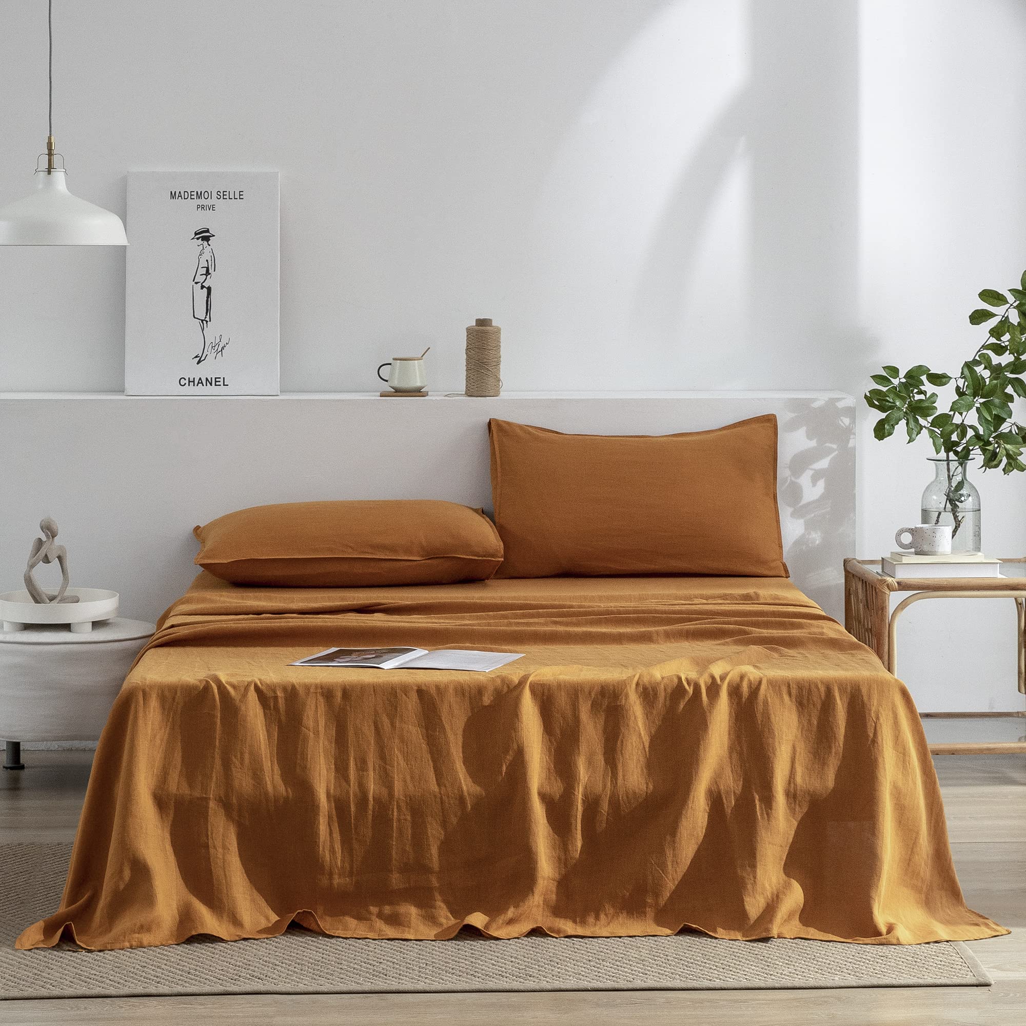EVERLY Linen Sheets Set King Size,100% French Stonewash Pure Linen Sheets Set,4Pieces (1Flat Sheet,1Fitted Sheet,2Pillowcase) Su