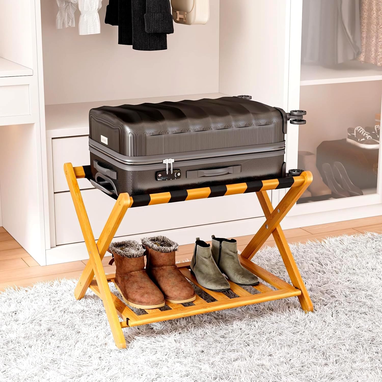 Smart FENDEE Fully Assembled Honey Oak Bamboo Luggage Racks, 5 Nylon Straps Foldable Suitcase Stand, Luggage Holders with Shoe S