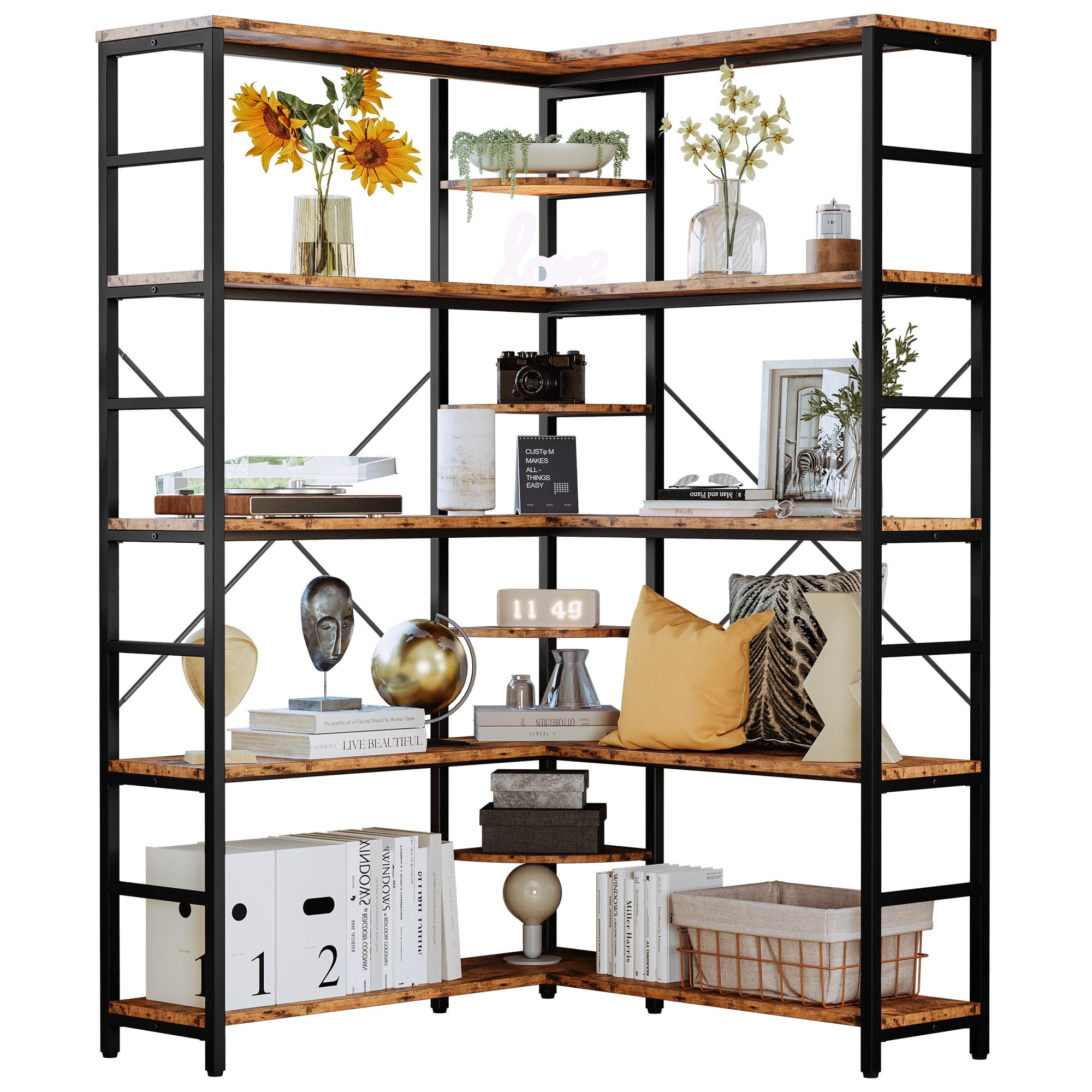 IRONCK Industrial Bookcases and Bookshelves, 5-Tiers Corner Bookcase with Curved Panels, L Shaped Shelf with Metal Frame for Ope