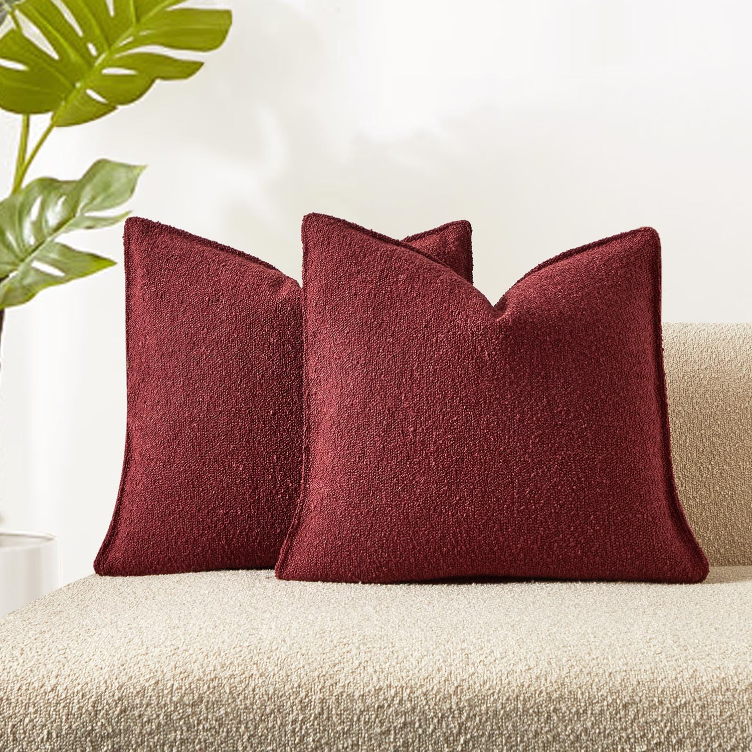 Juspurbet Burgundy Boucle Throw Pillow Covers 18X18 Inch Set Of 2 For Couch Bedroom Sofa Living Room Decorative Soft Thick Textu