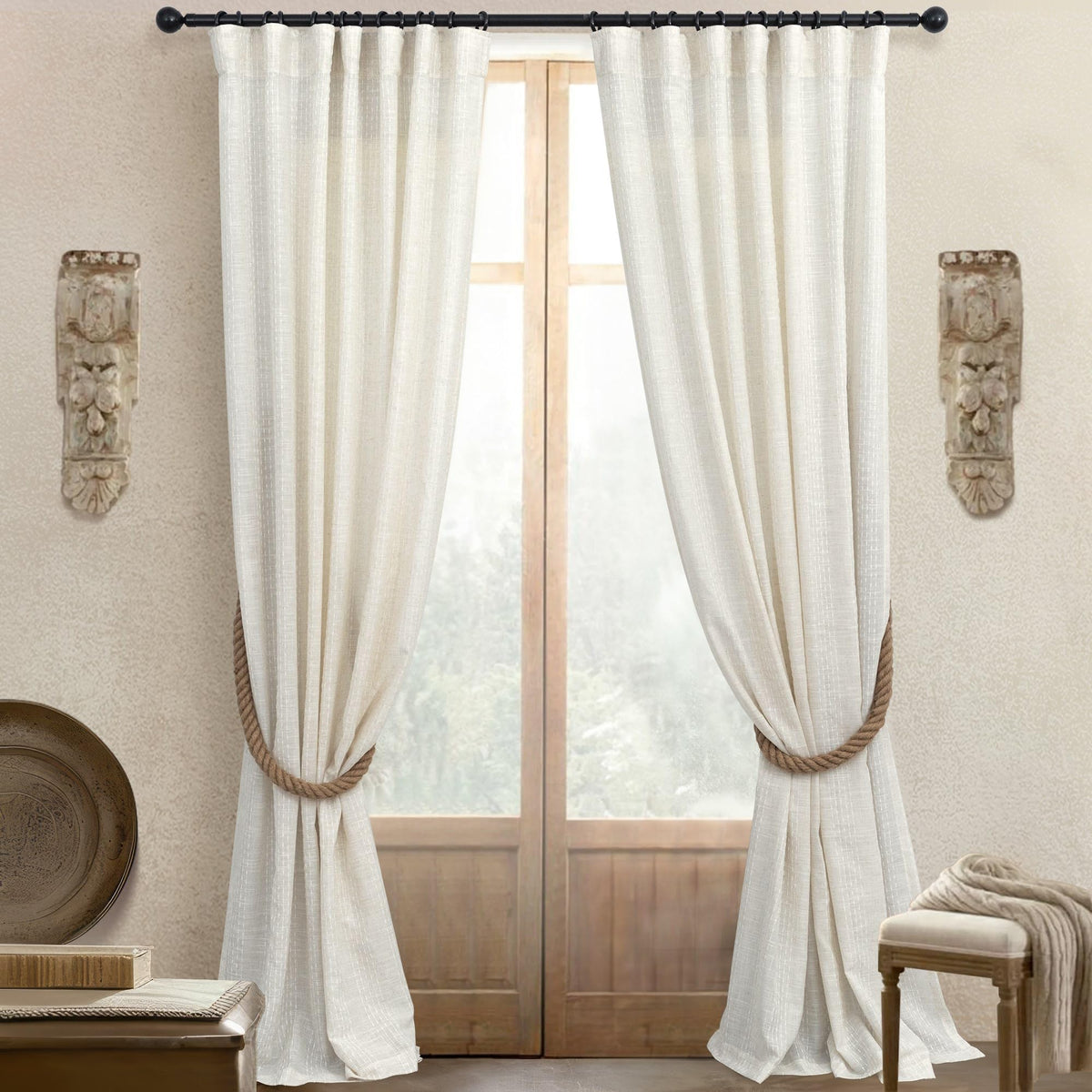 Ivory Linen Curtains Striped Patterned 102 Inches Long For Dining Room 2 Panel Back Tab Pinch Pleat Boho Drapes Neutral Southwes