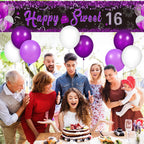 Purple 16Th Birthday Decorations Banner For Girls Happy Sweet 16 Birthday Yard Banner Black Purple And Silver 16Th Birthday Yard