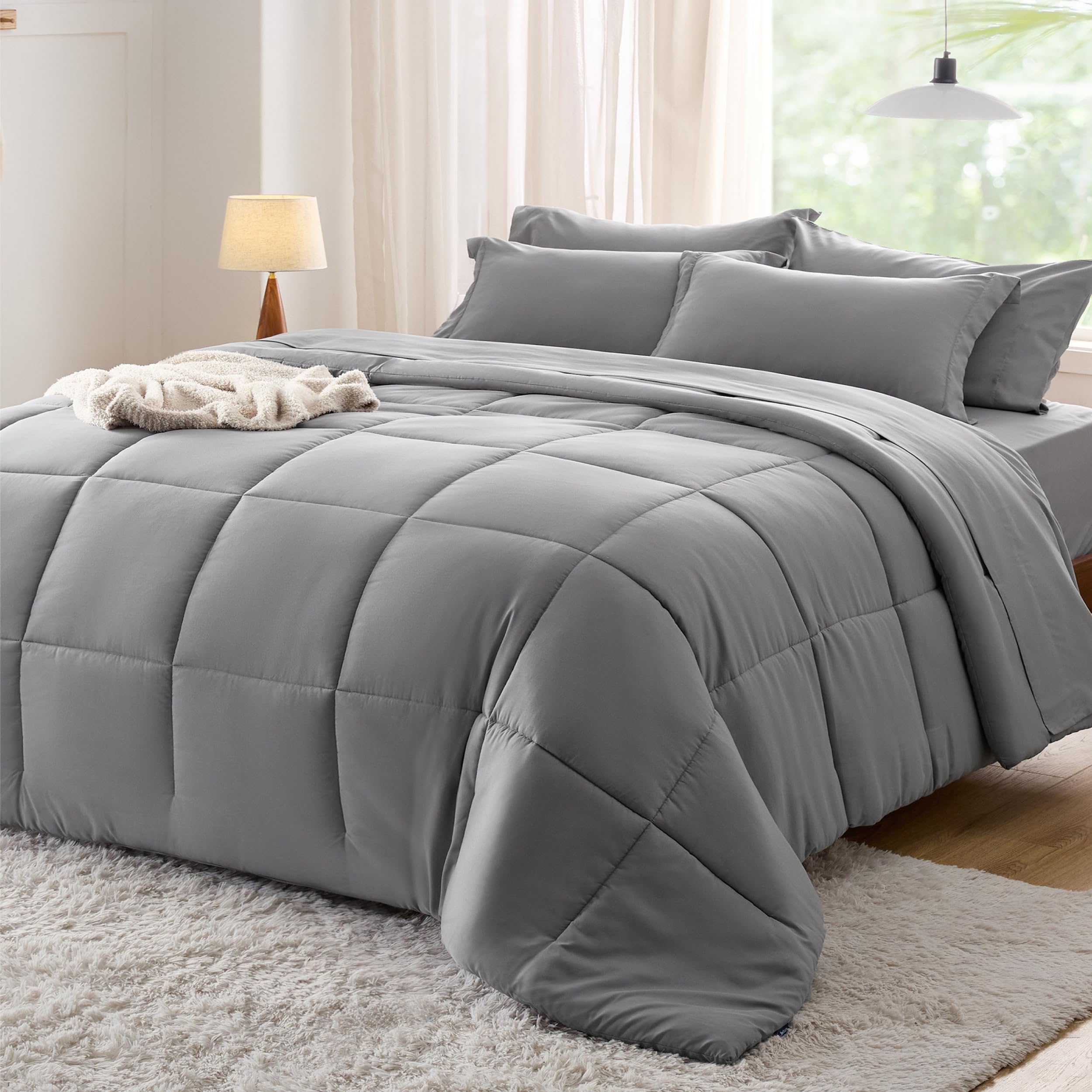 Bedsure Grey Comforter Set Full - 7 Pieces Solid Bed In A Bag, Full Bed Set With Comforter, Sheets, Pillowcases & Shams